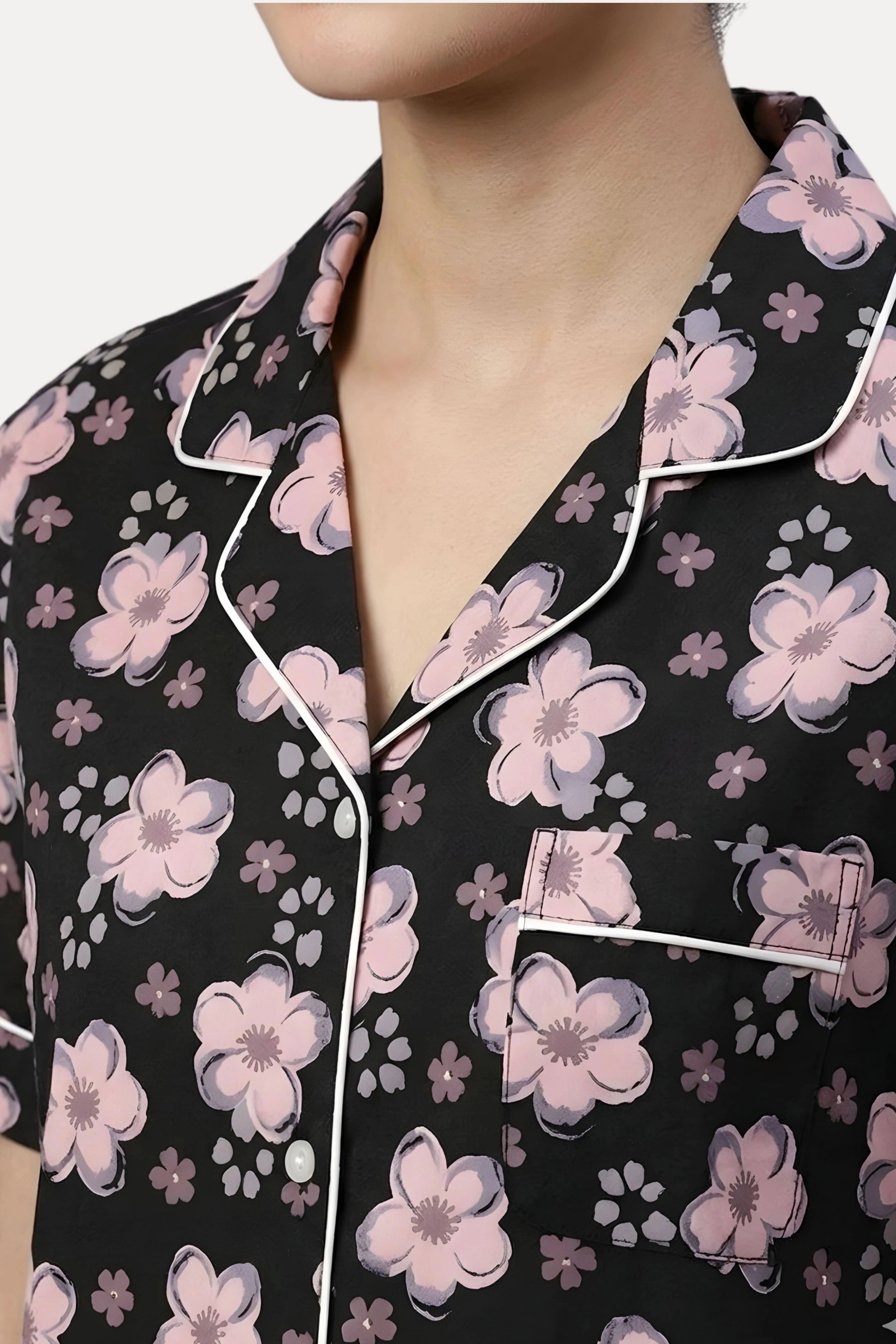 Black Floral Print Night Suit Set