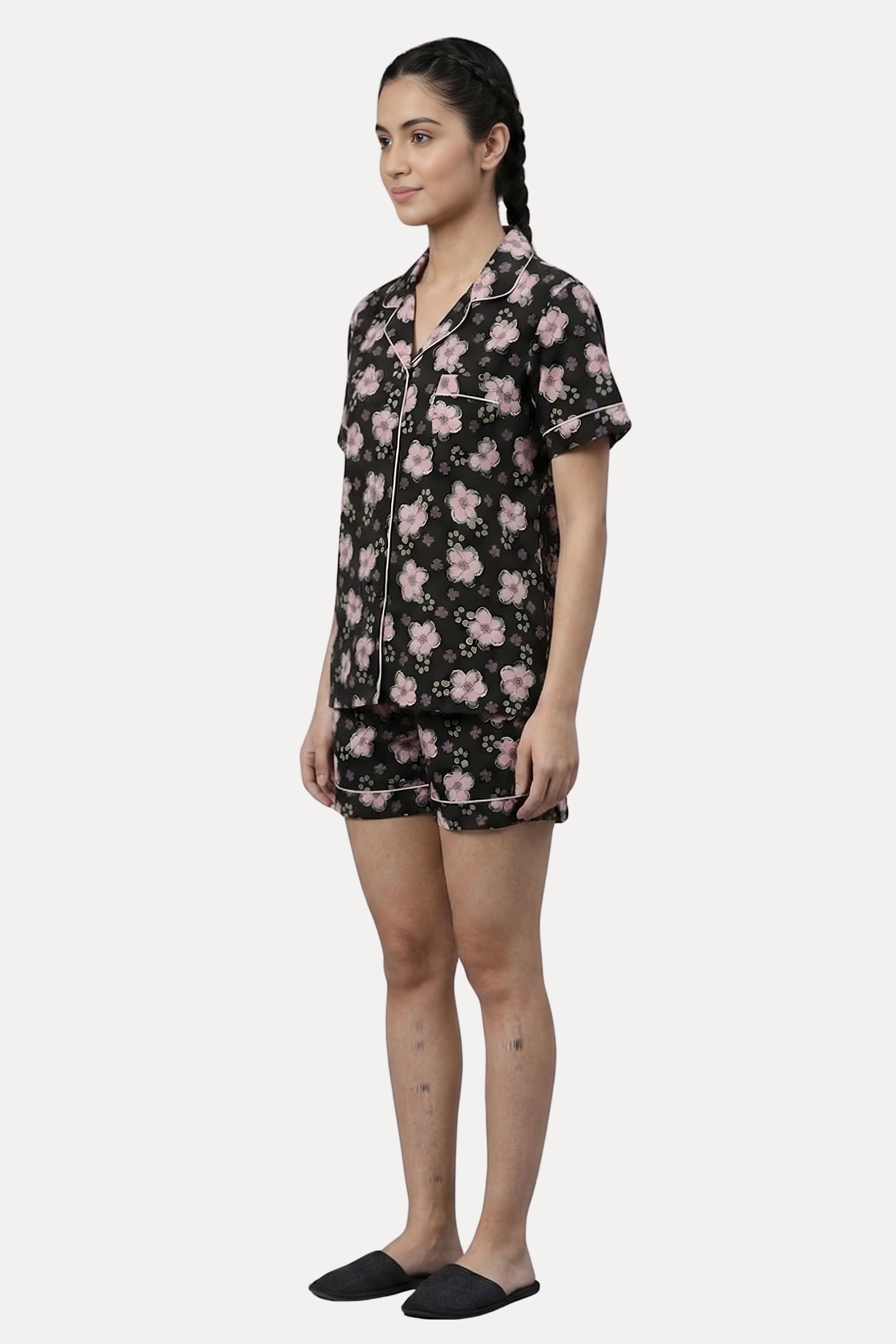 Black Floral Print Night Suit Set