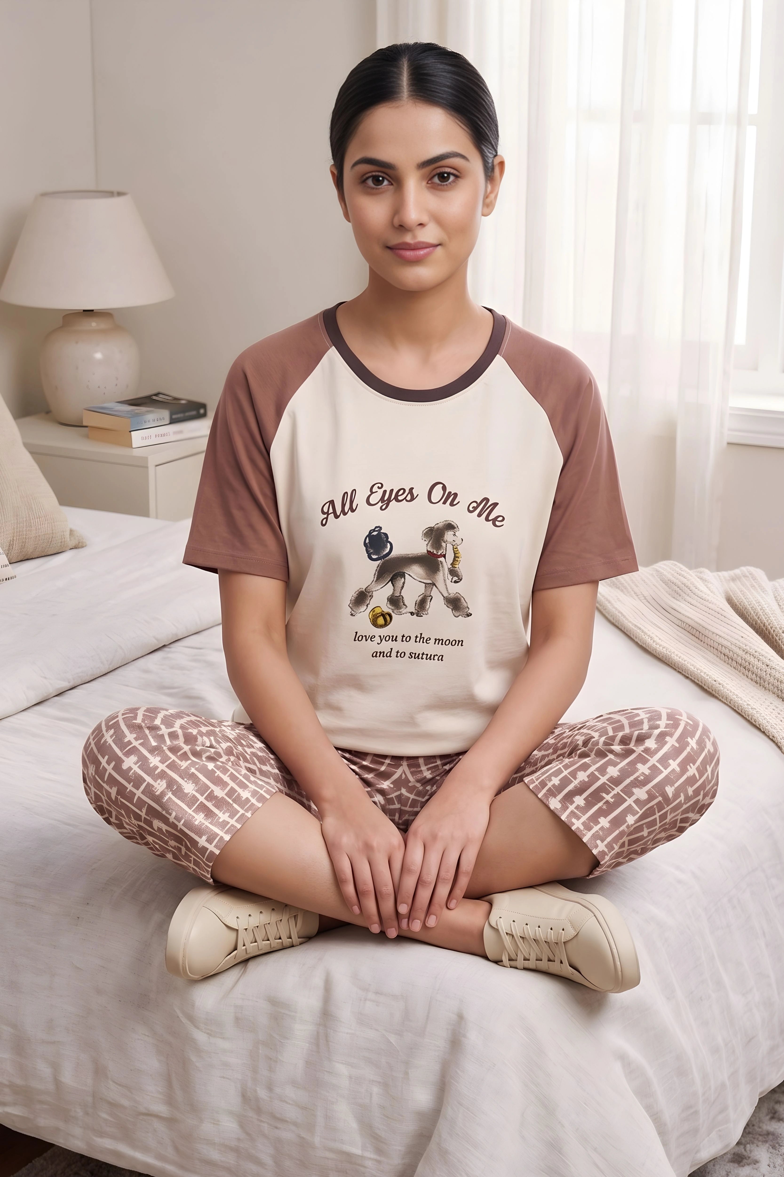 Cream Quirky Typography Cotton Capri Night Suit Set