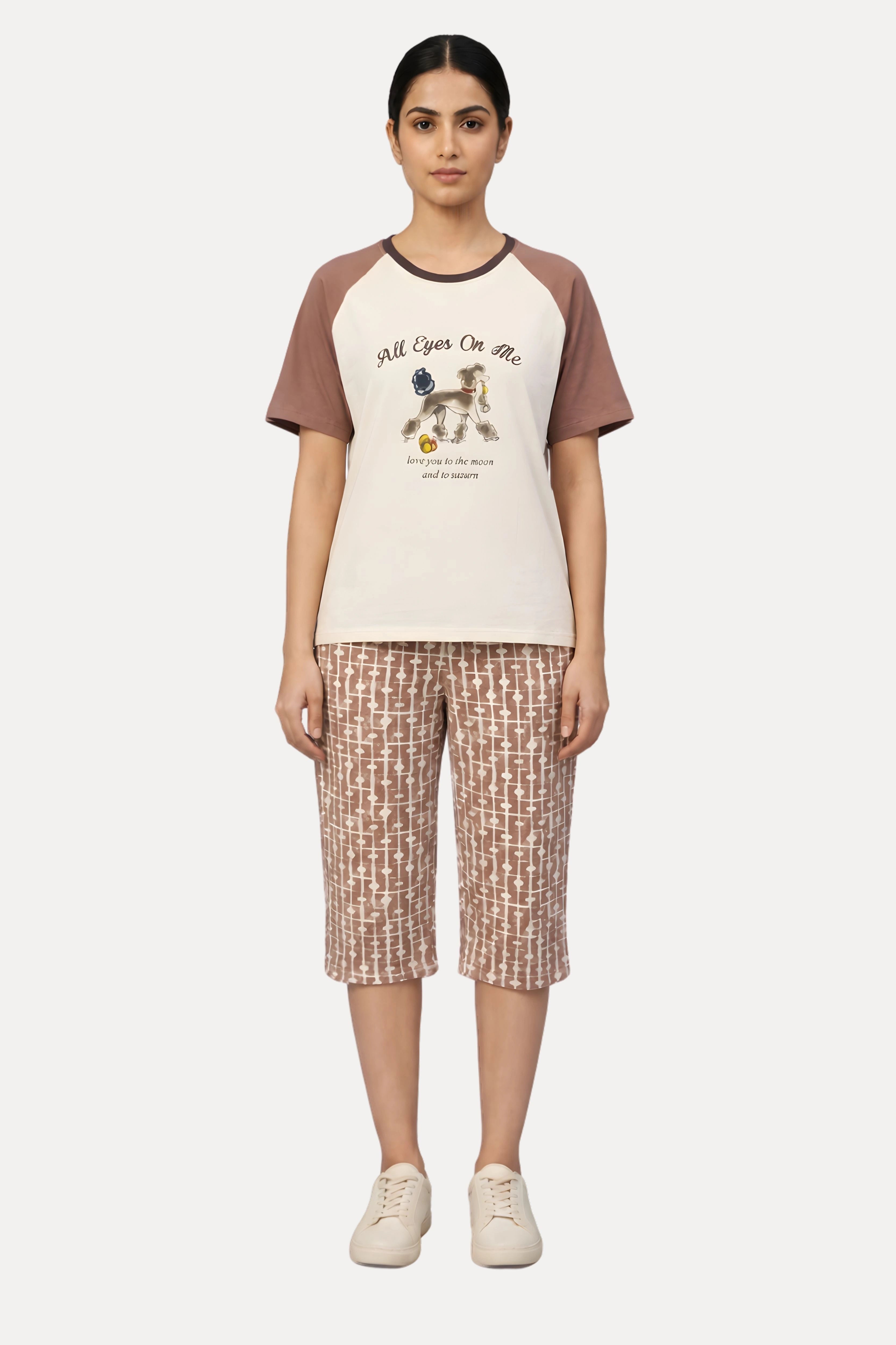 Cream Quirky Typography Cotton Capri Night Suit Set