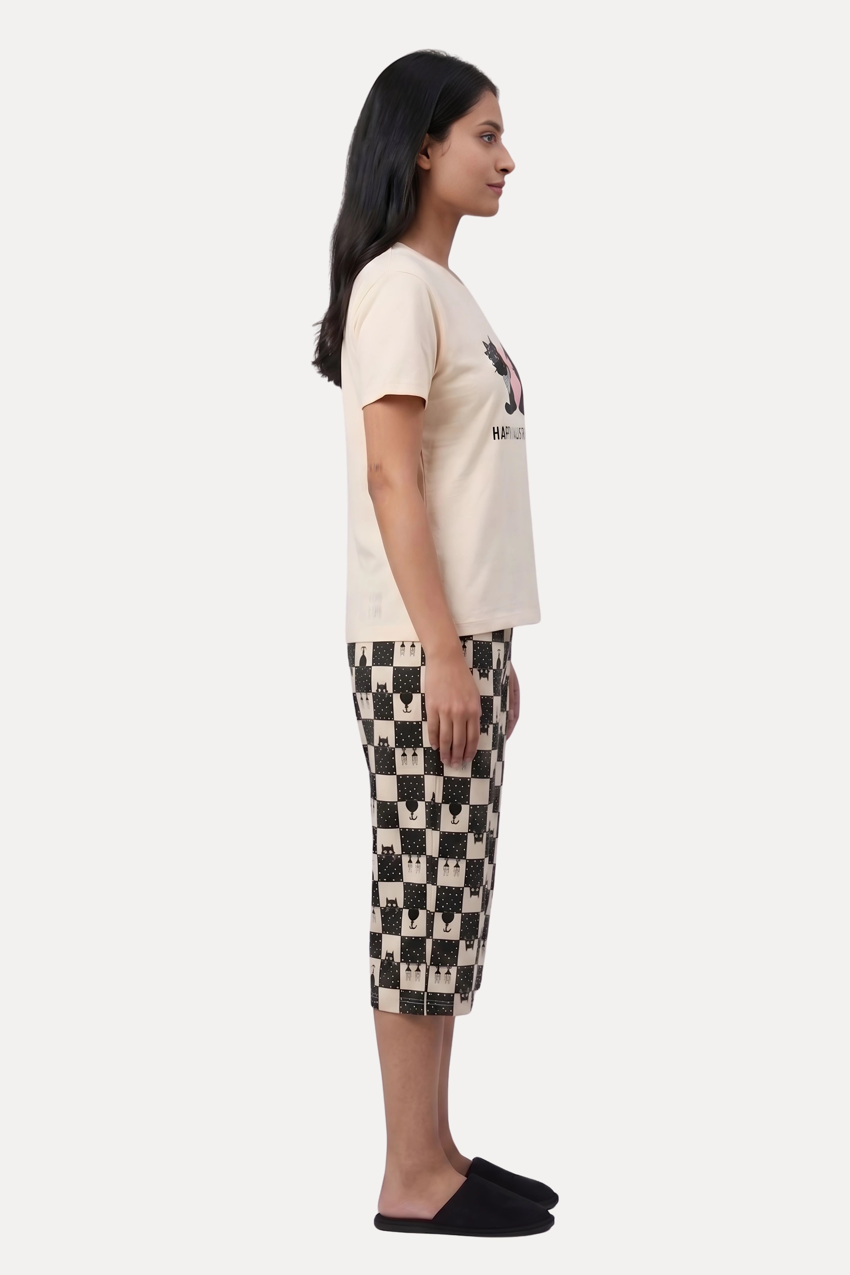 Cream & Black Quirky Print Night Suit Set