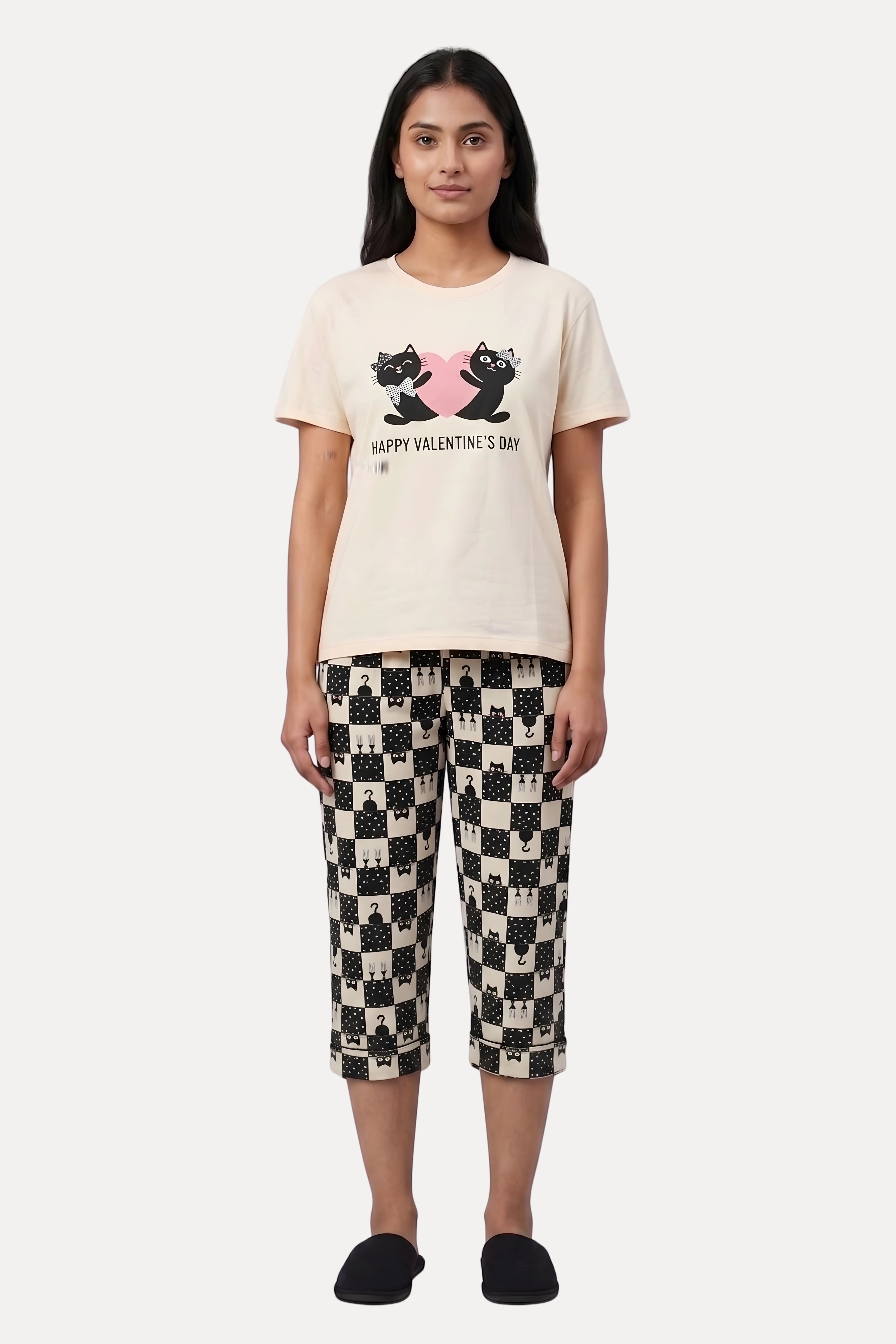 Cream & Black Quirky Print Night Suit Set