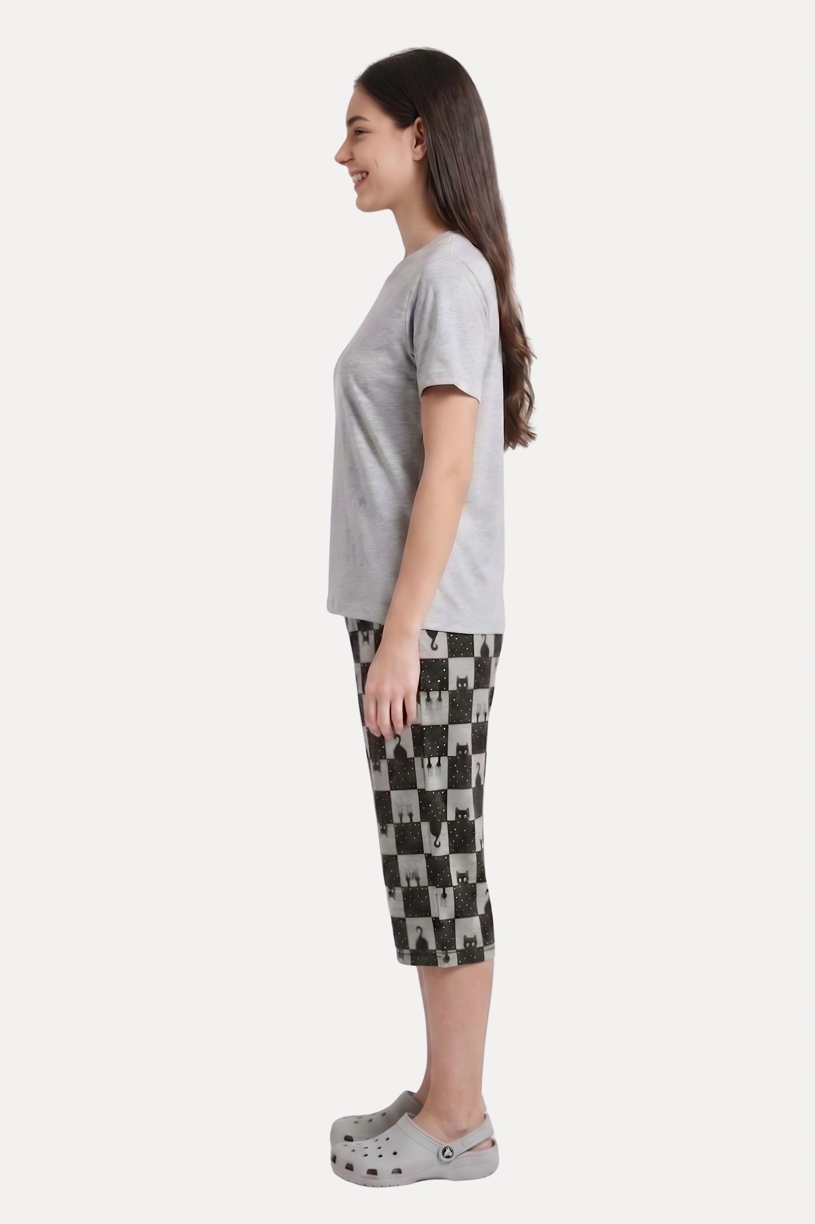 Grey Quirky Print Cotton Night Suit Set