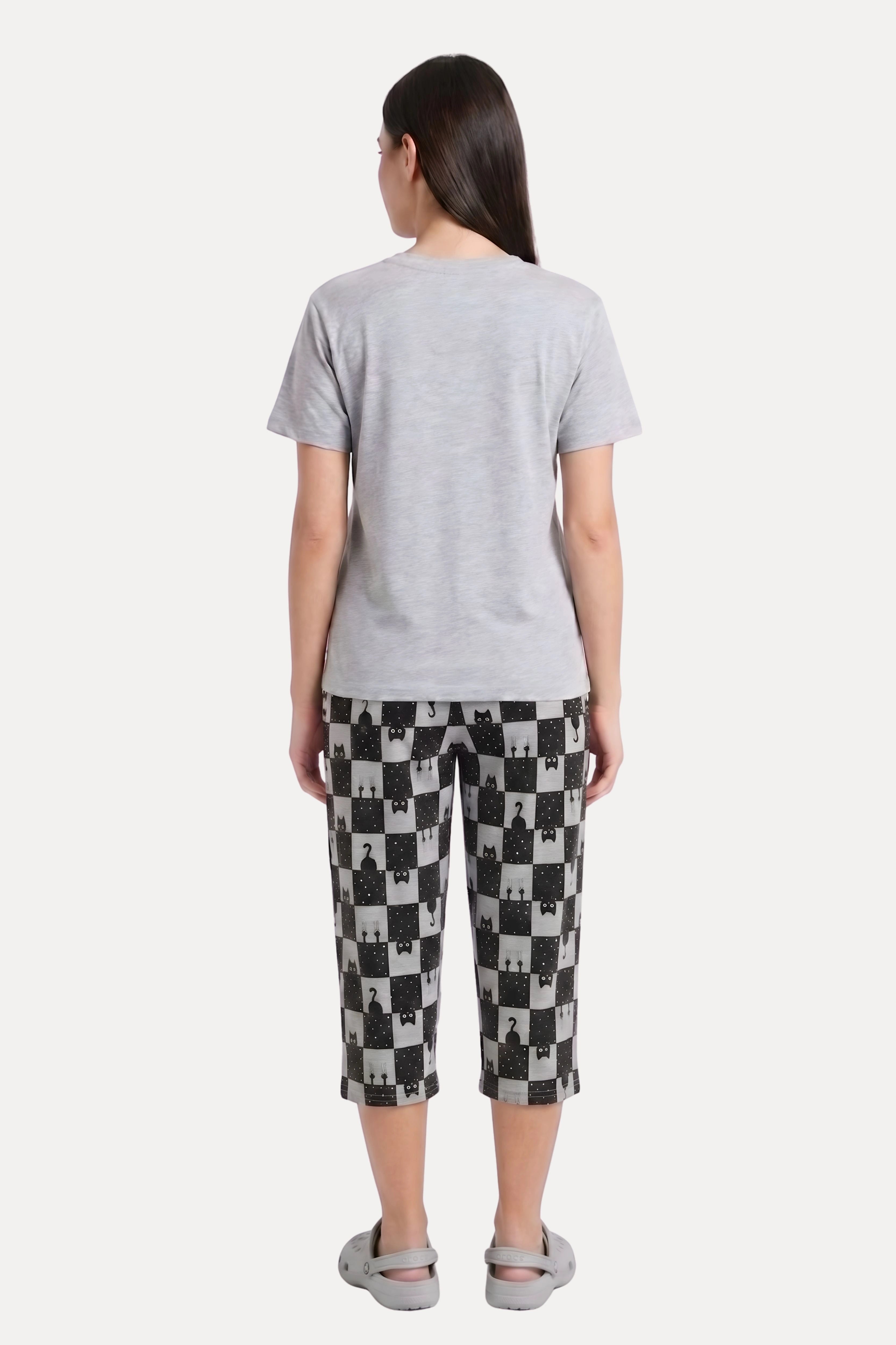 Grey Quirky Print Cotton Night Suit Set