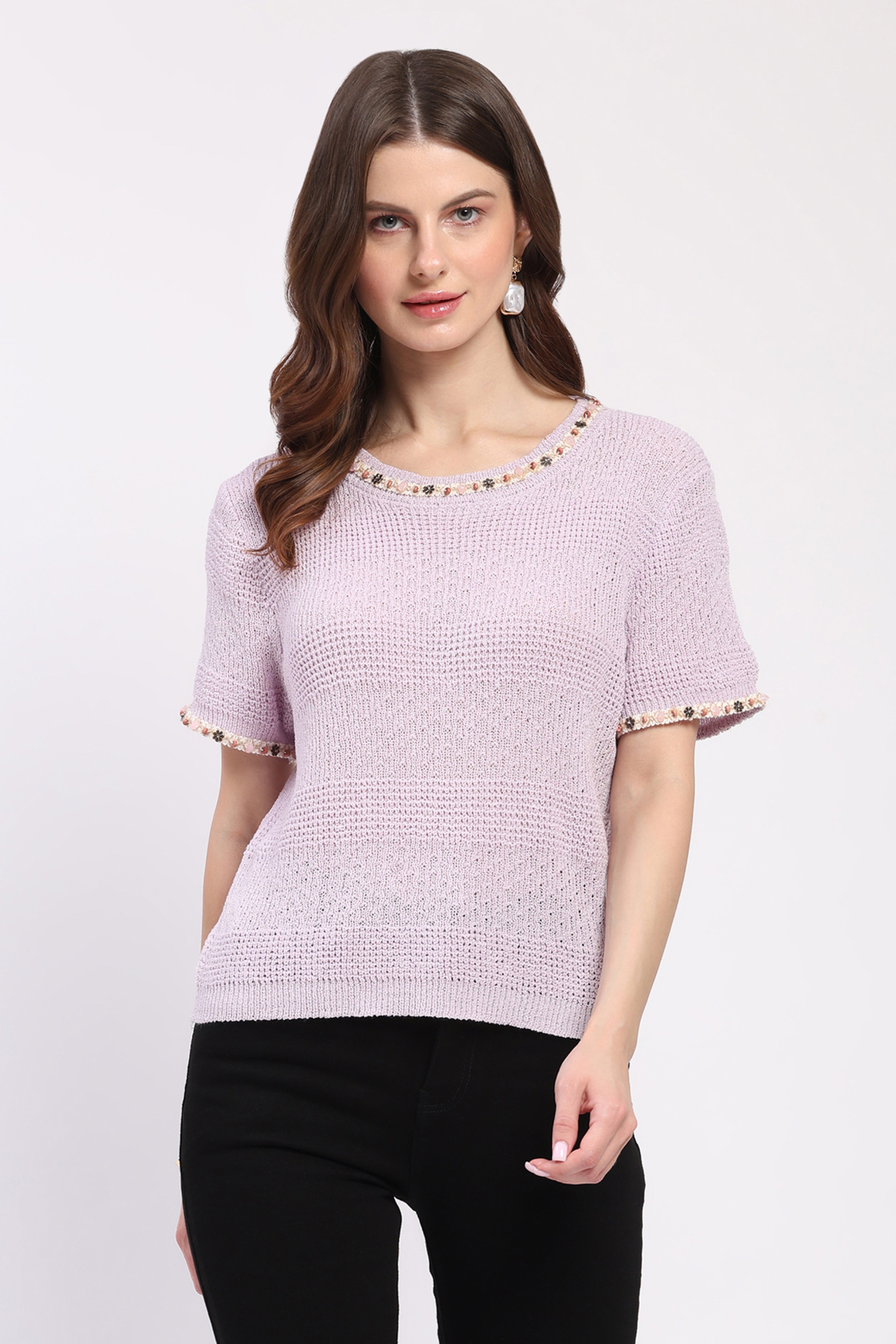 Lavender Embellished Self-Design Top