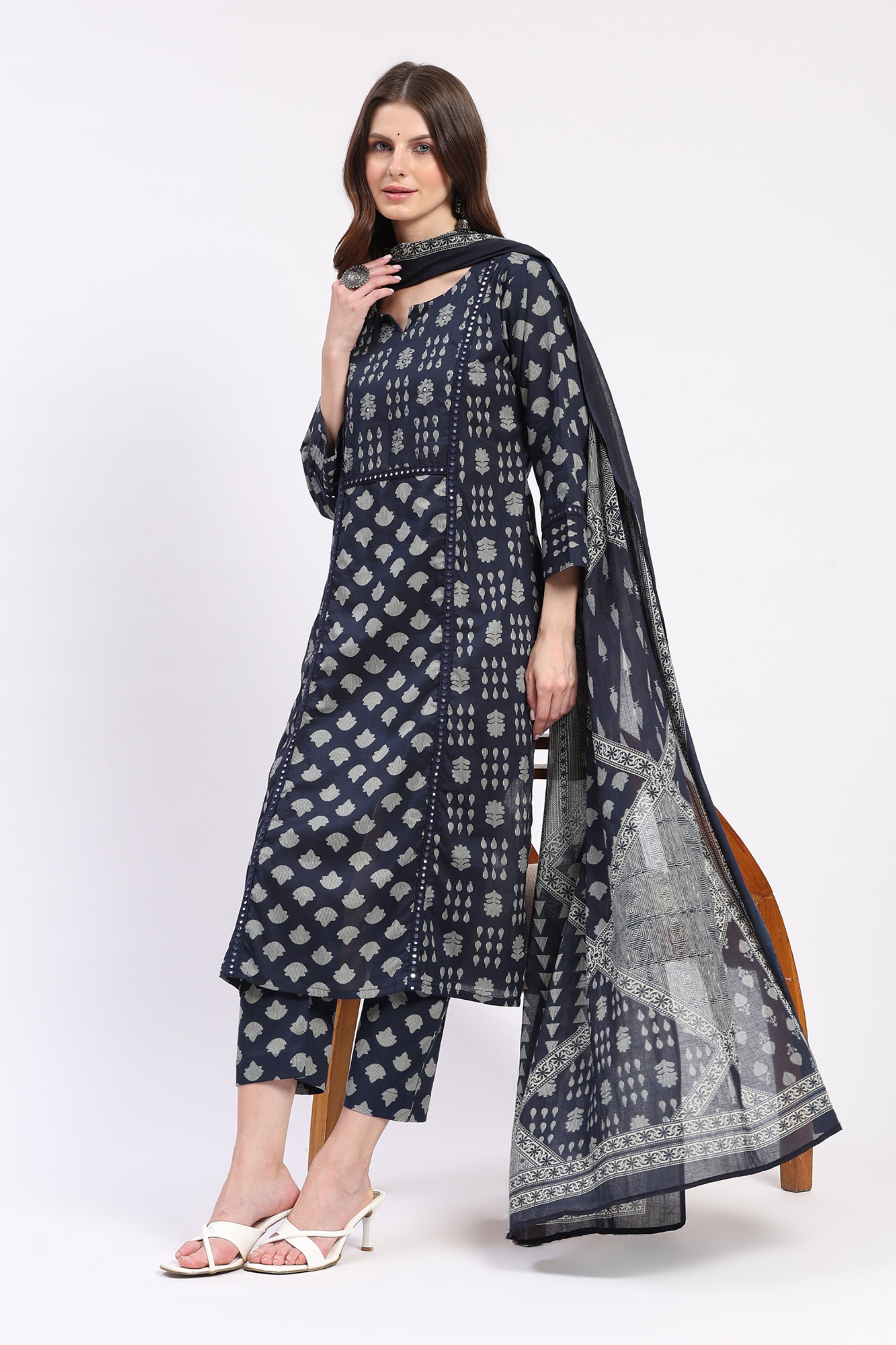 Navy Blue Mirror Work Kurta Set