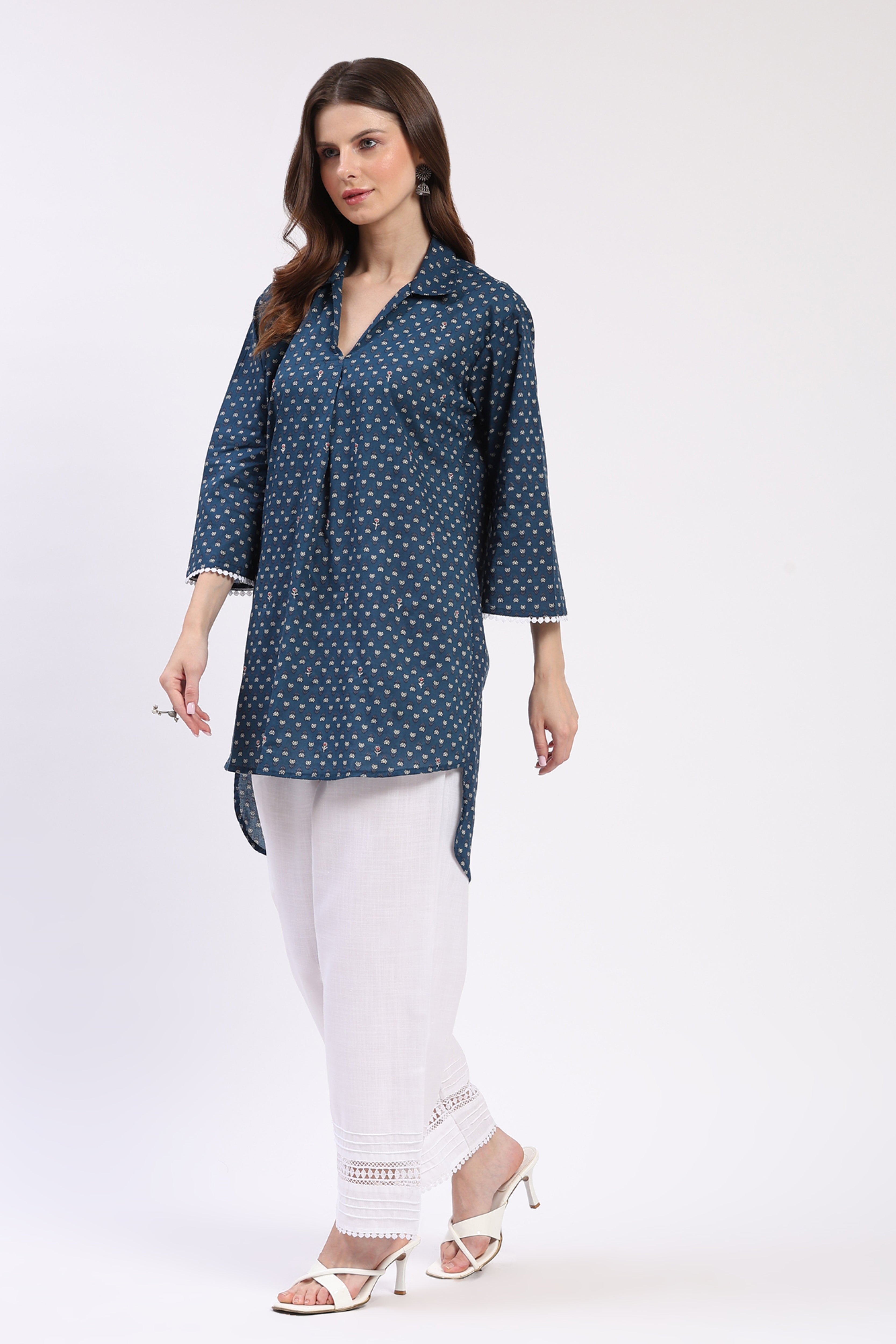 Blue Floral High-Low Tunic Palazzo Set