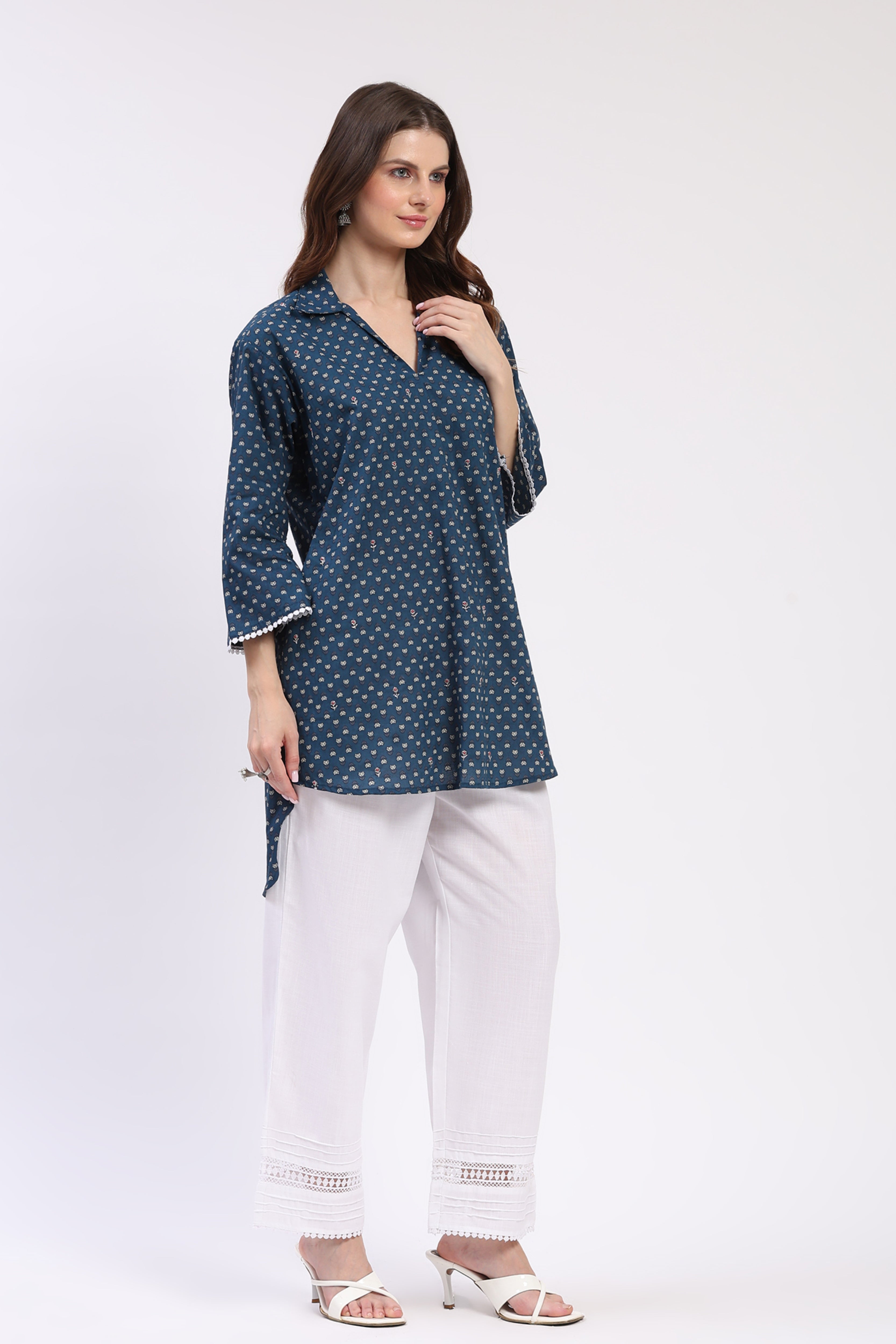 Blue Floral High-Low Tunic Palazzo Set