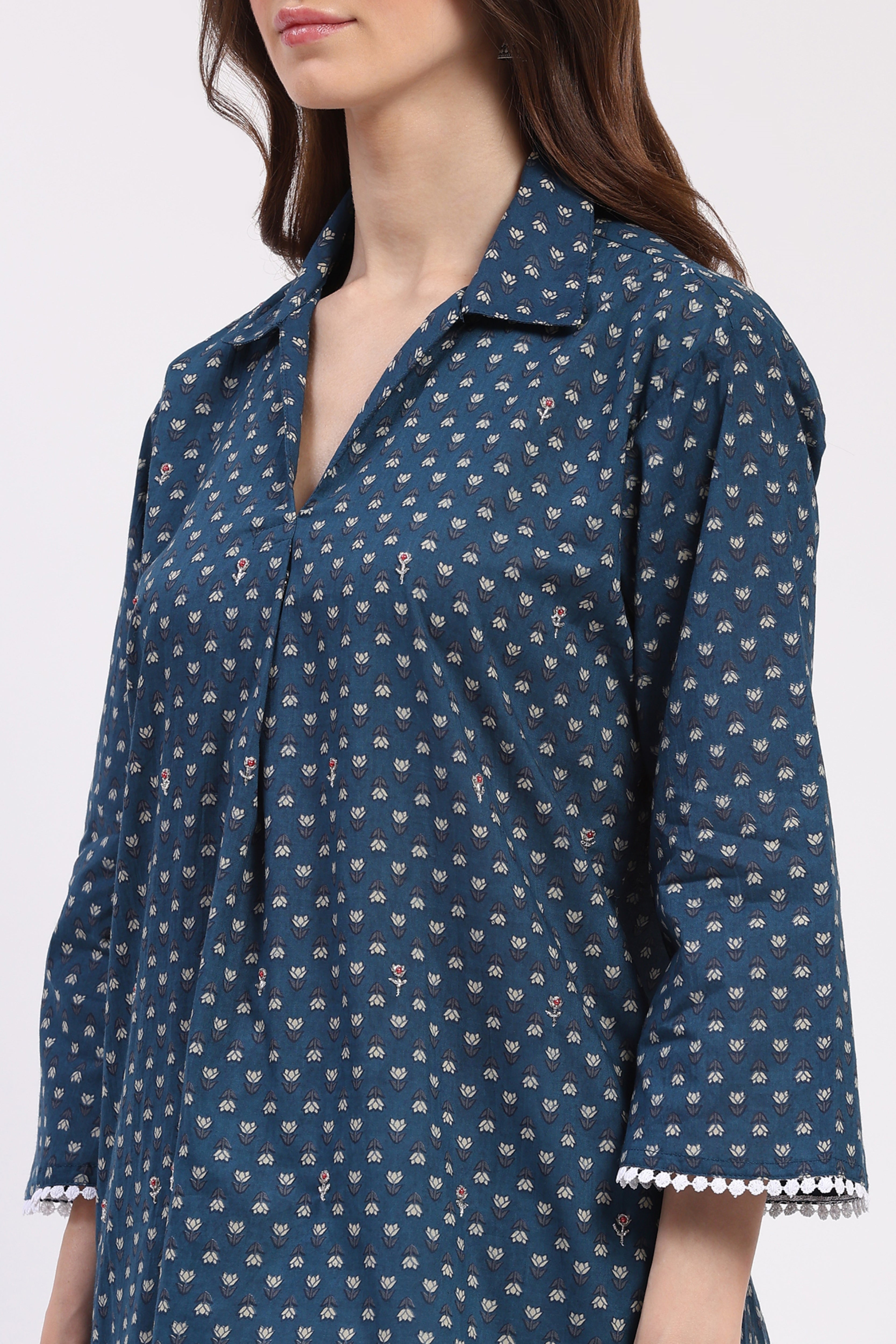Blue Floral High-Low Tunic Palazzo Set