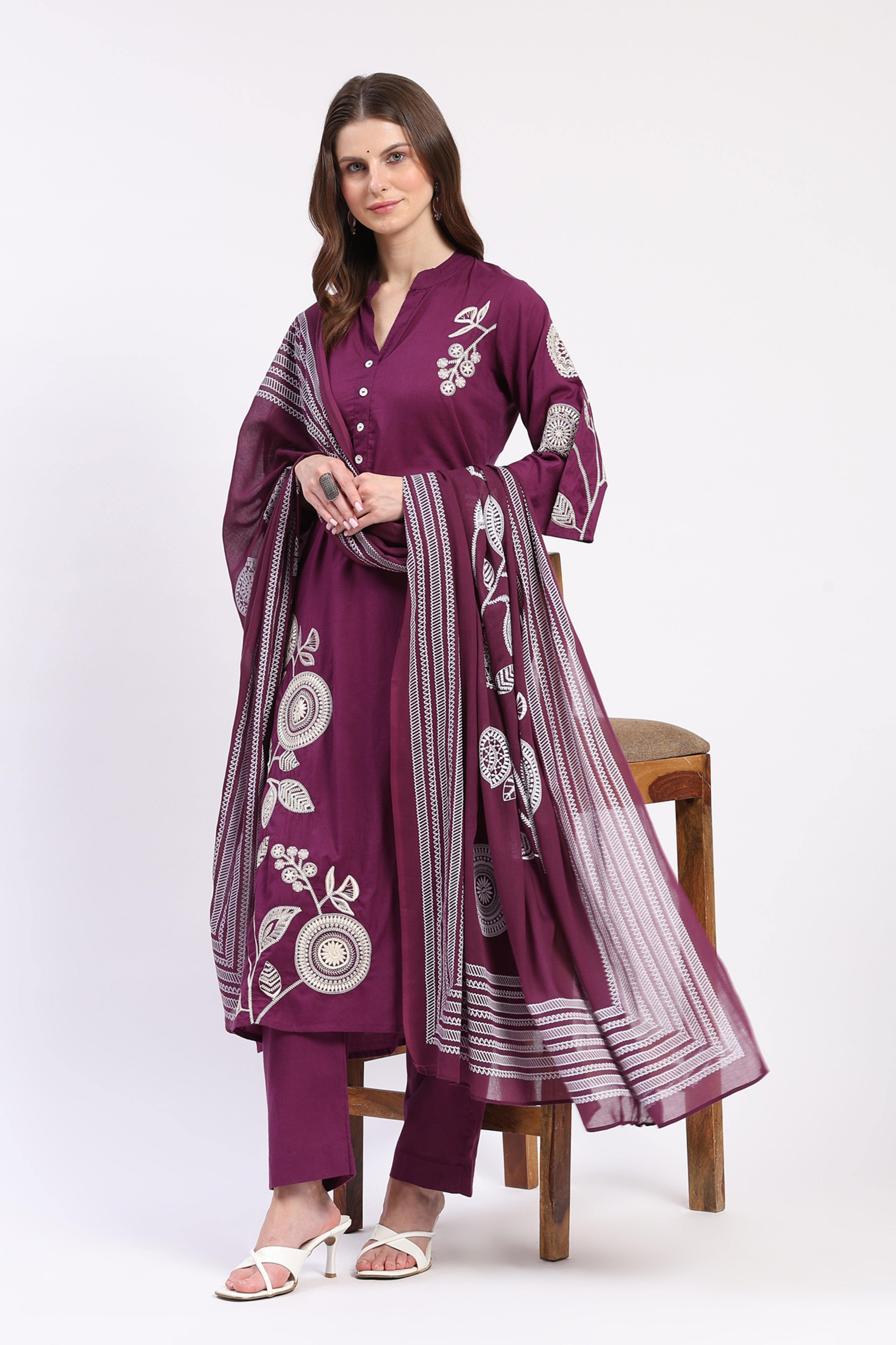 Purple Embroidered Cotton Suit Set