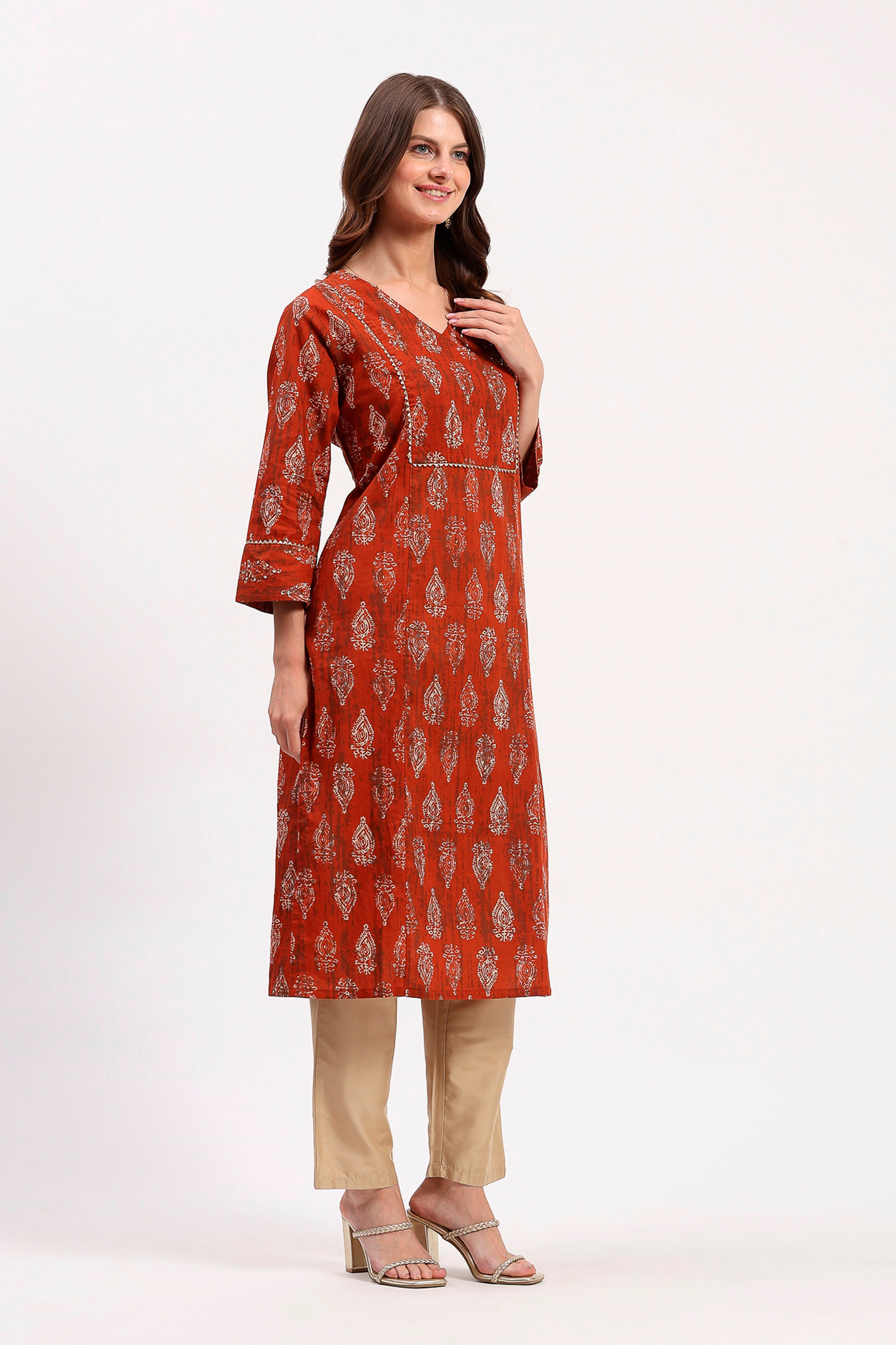 Rust Embellished Ethnic Kurta