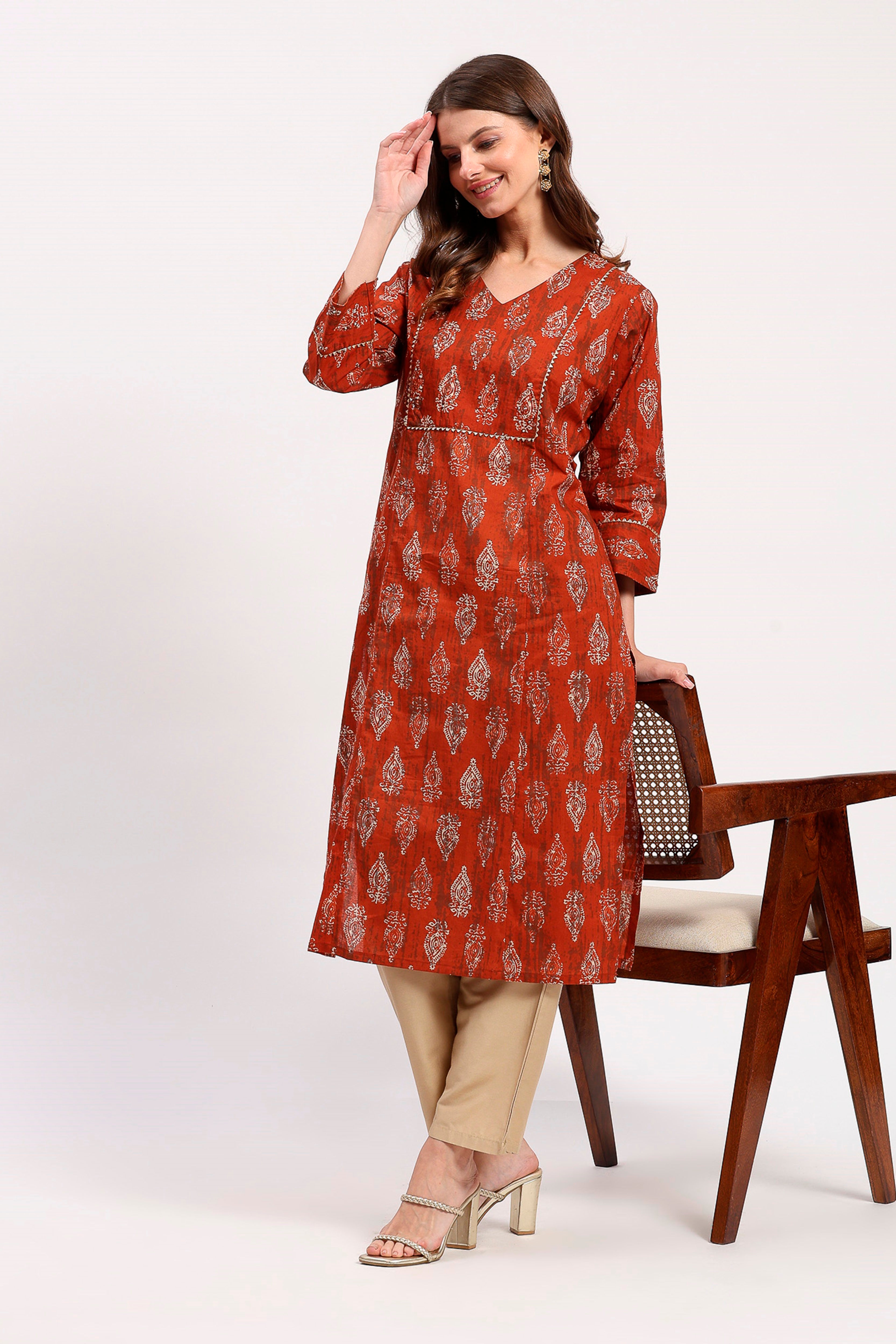Rust Embellished Ethnic Kurta