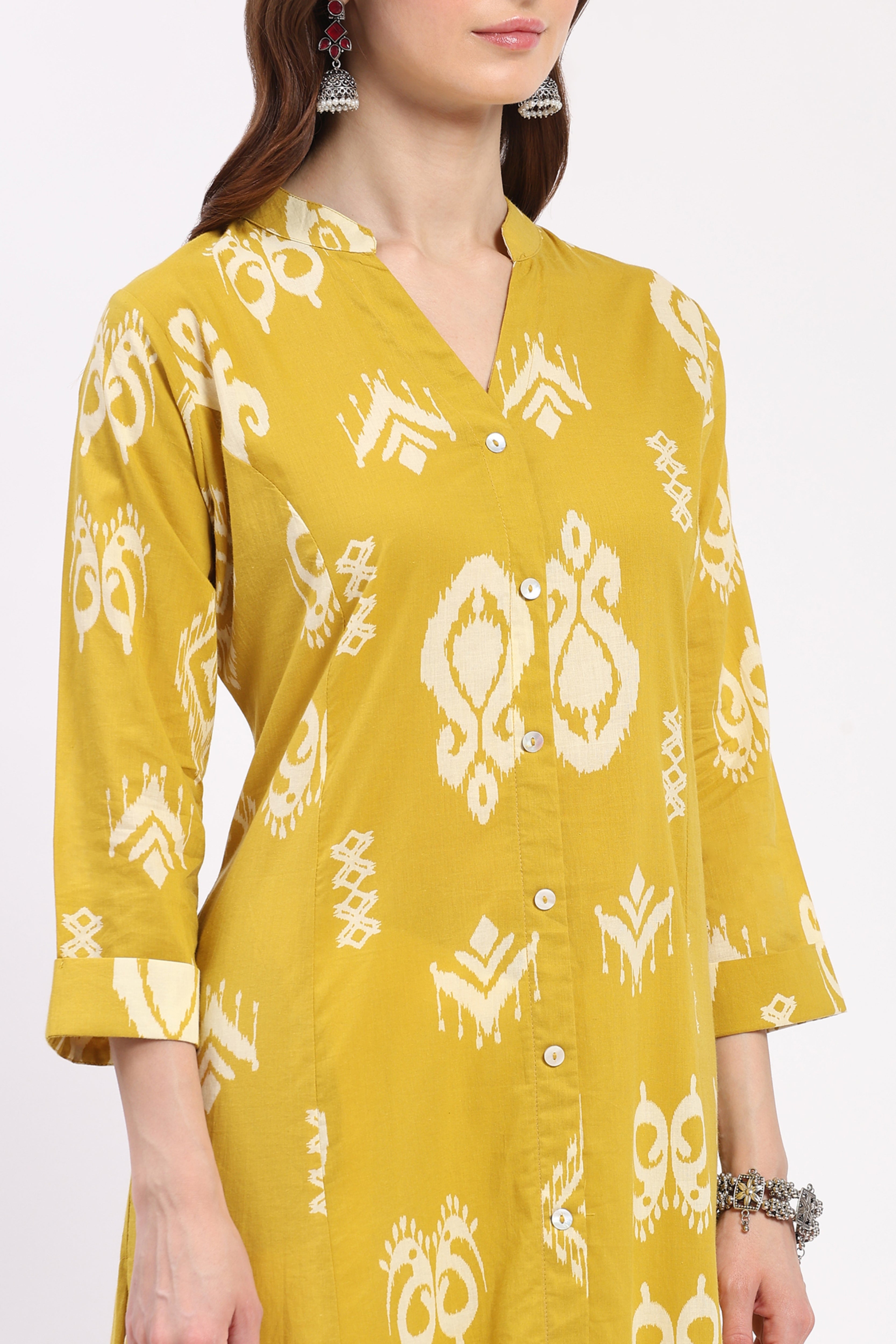 Mustard Ikat Print A-Line Cotton Kurta
