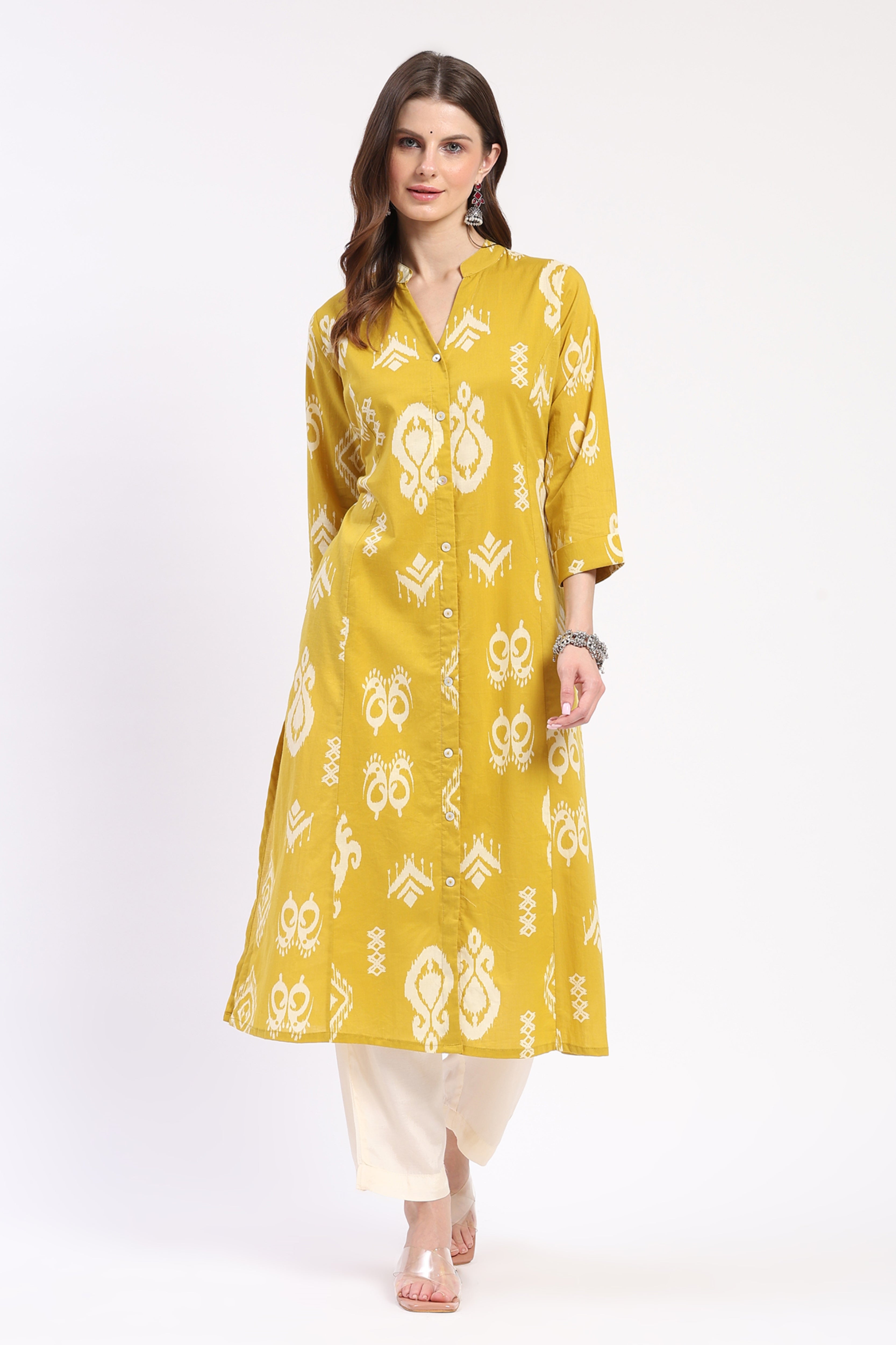 Mustard Ikat Print A-Line Cotton Kurta