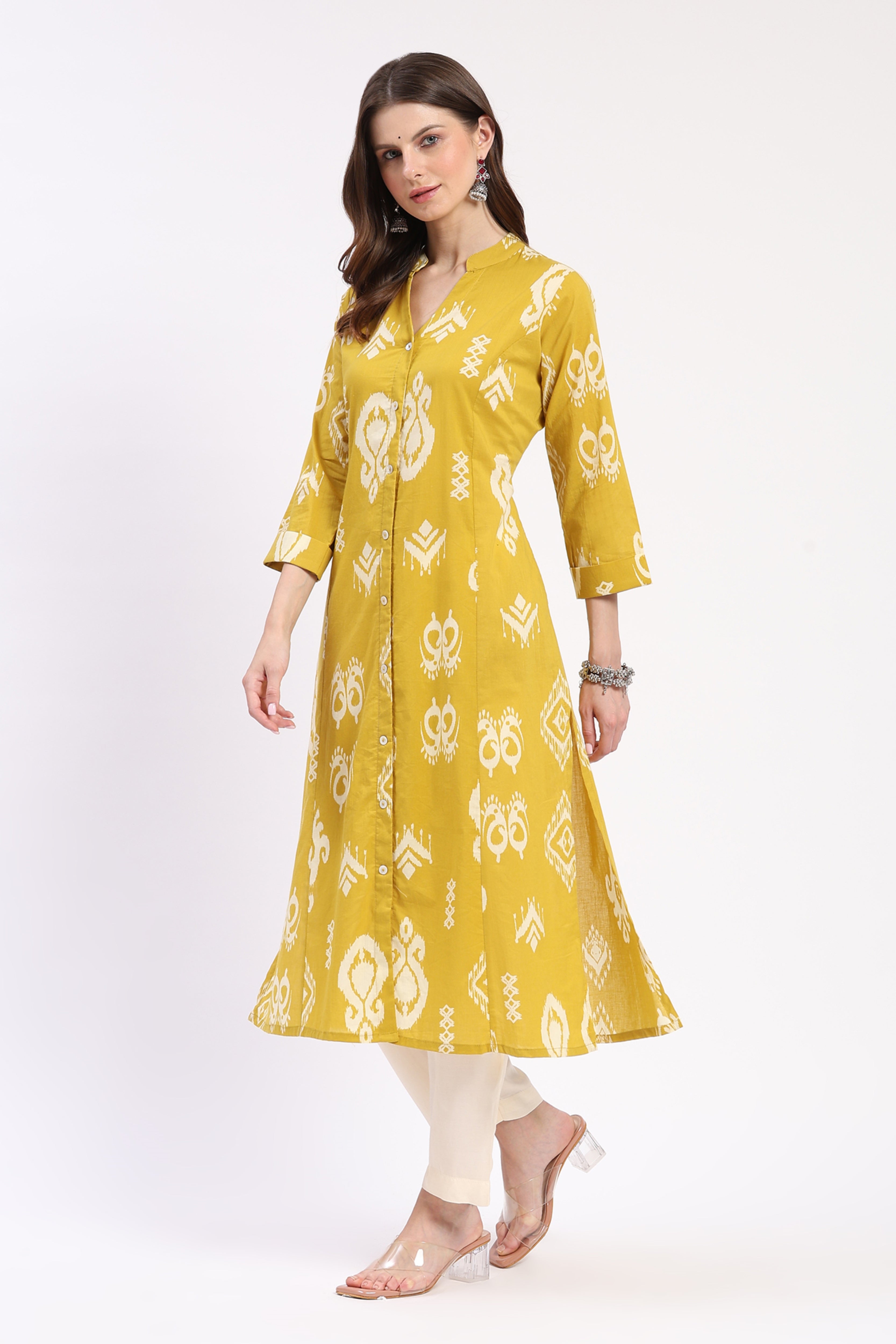 Mustard Ikat Print A-Line Cotton Kurta