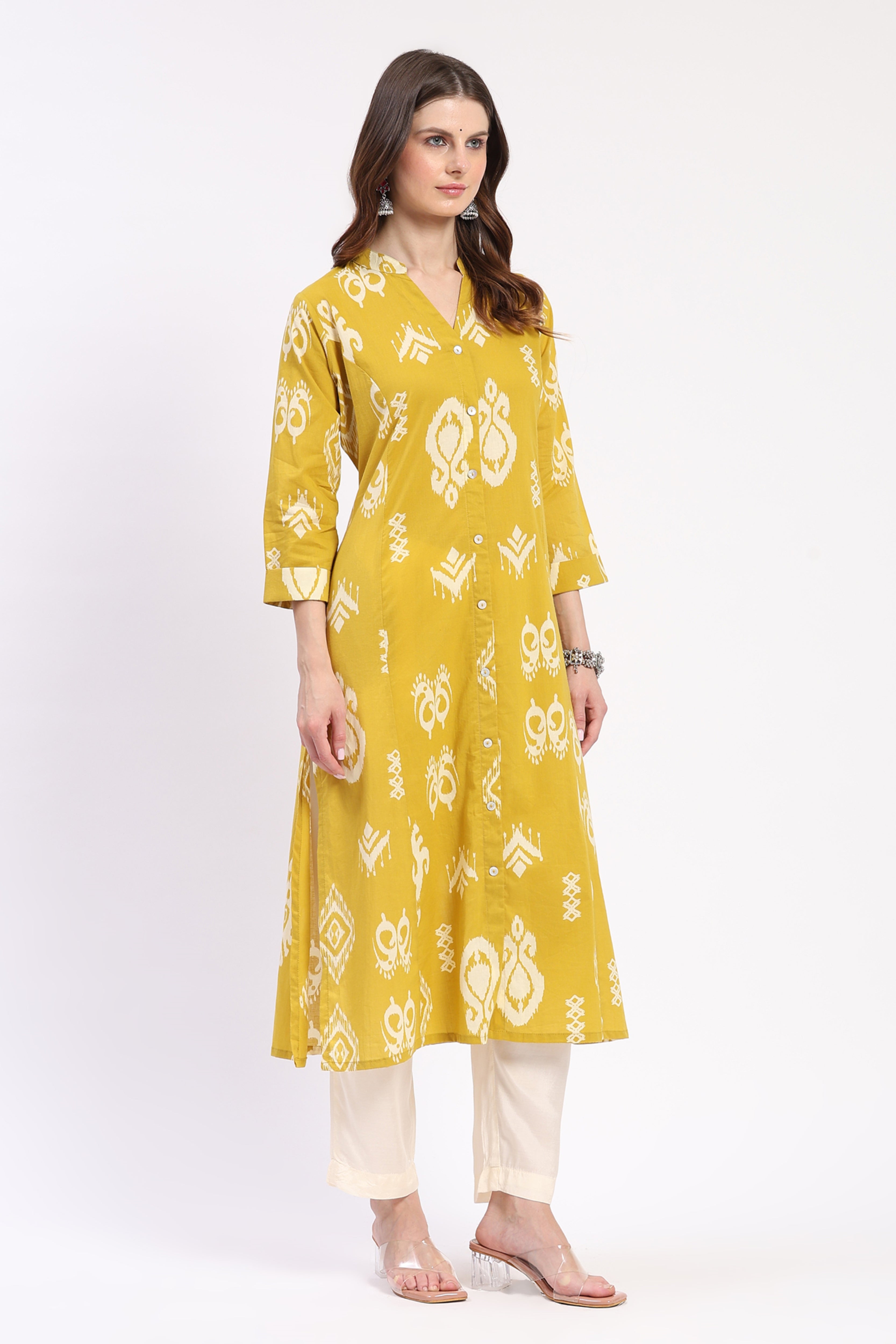 Mustard Ikat Print A-Line Cotton Kurta