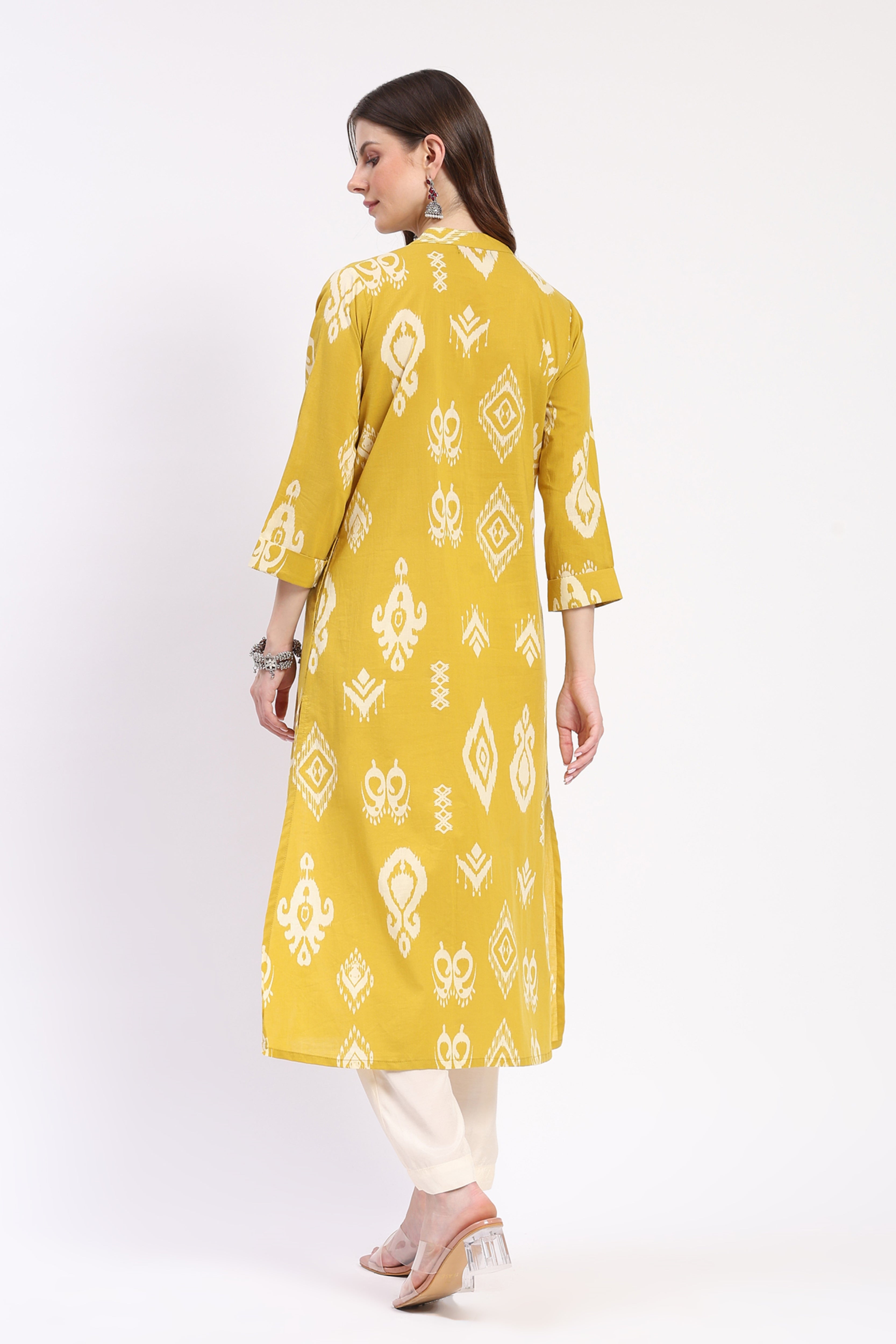 Mustard Ikat Print A-Line Cotton Kurta
