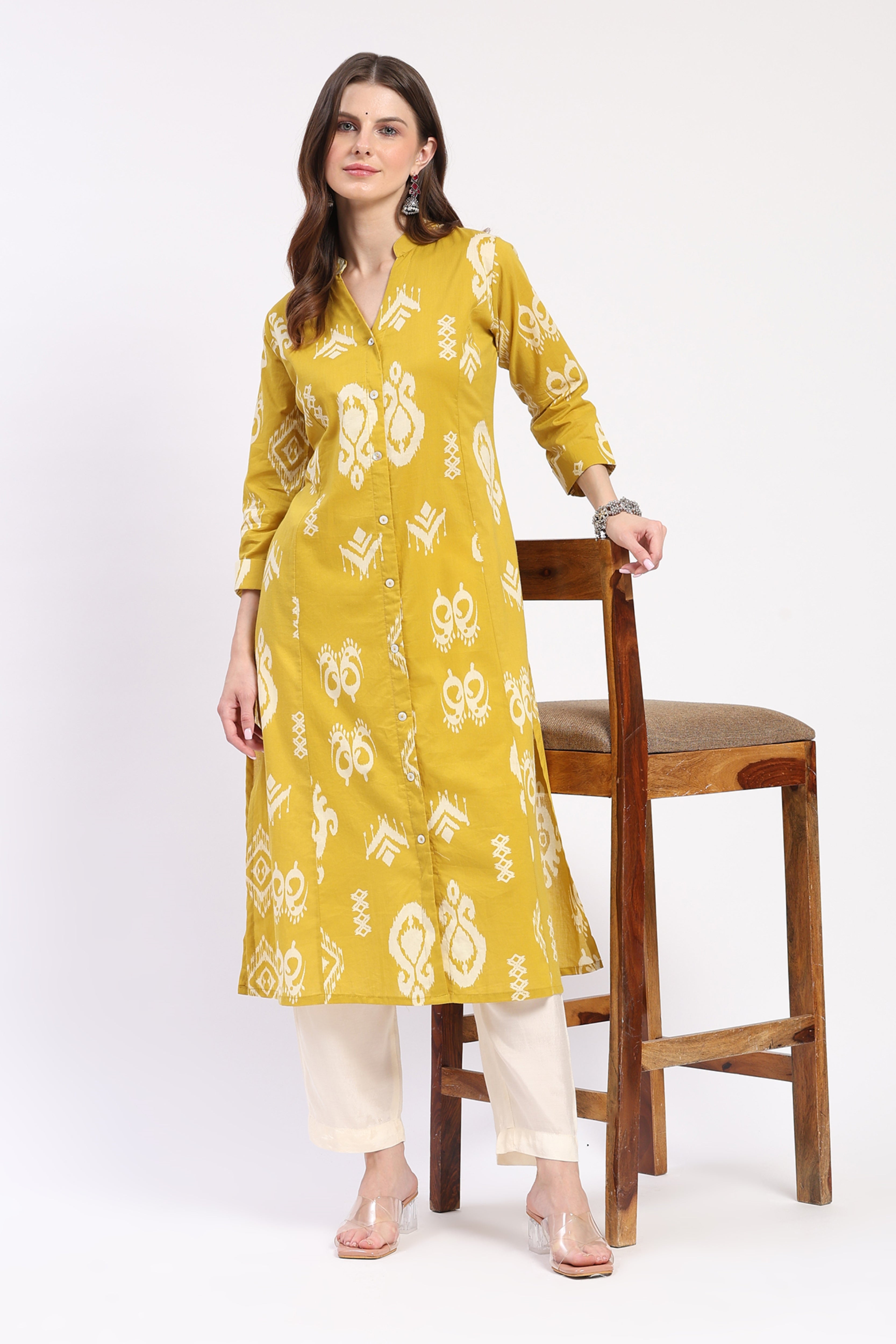 Mustard Ikat Print A-Line Cotton Kurta