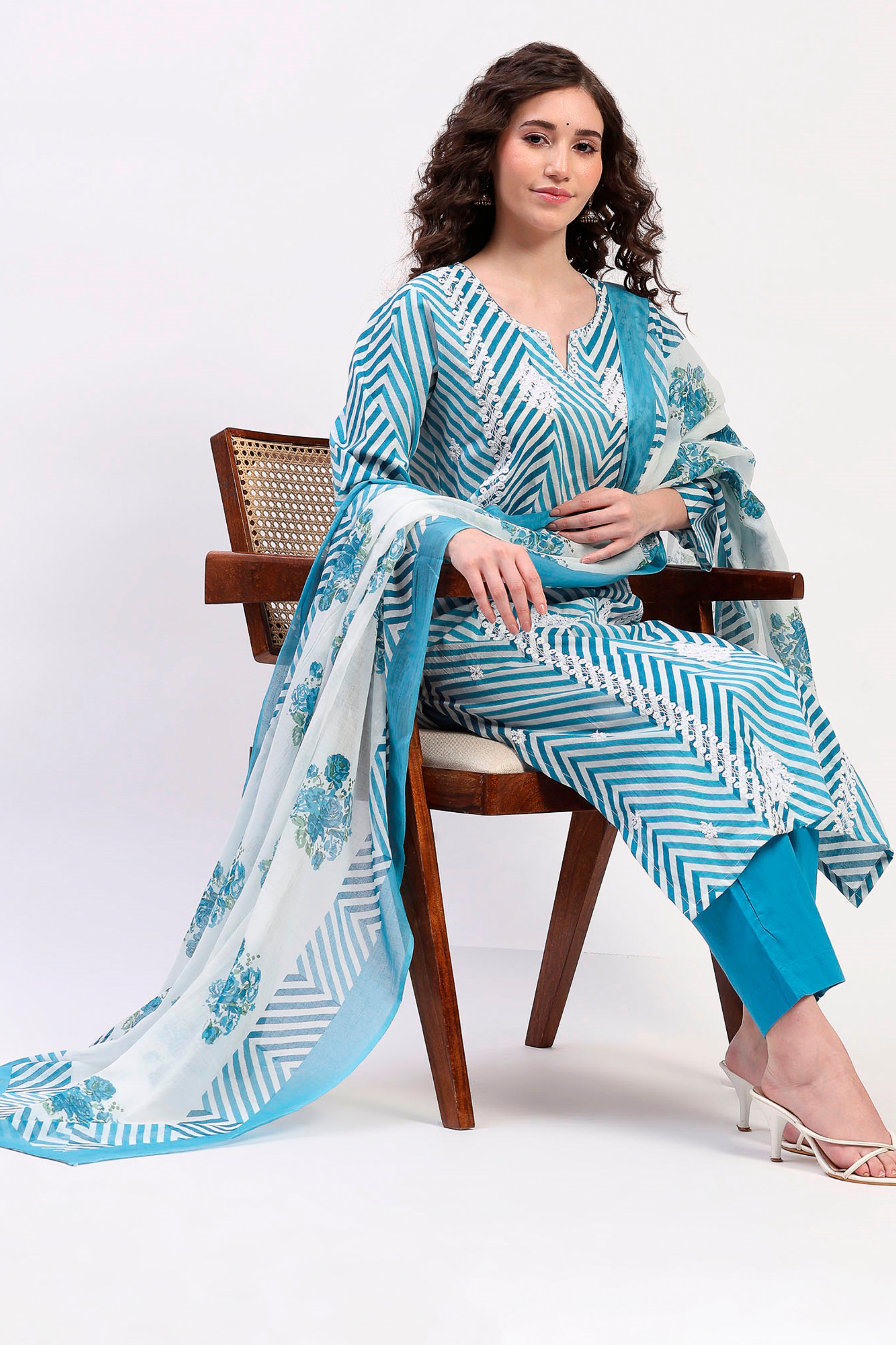 Blue Cotton Ethnic Suit Set