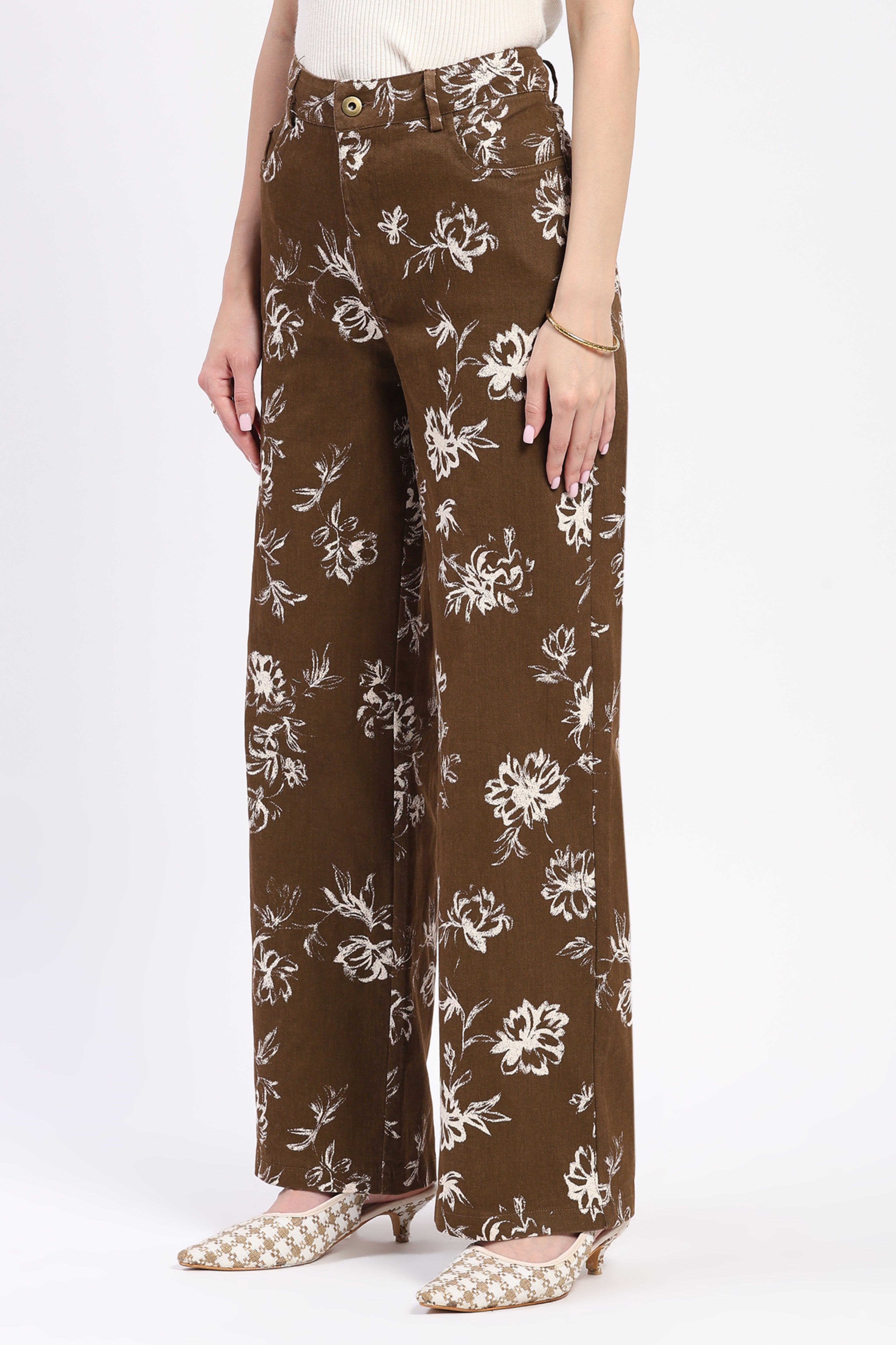 Brown Floral Print Cotton Trousers