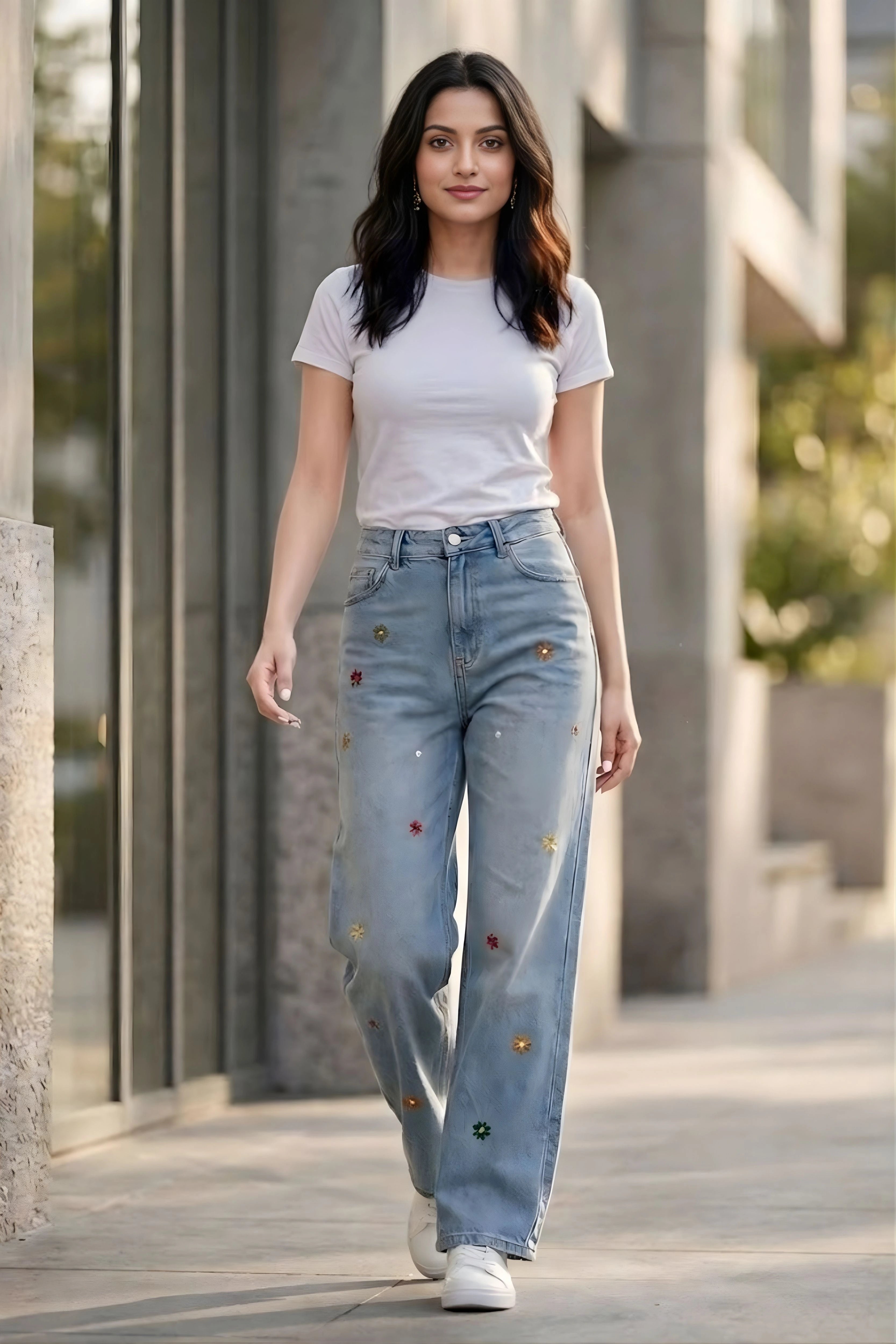 Floral Embroidered Baggy Denim Jeans