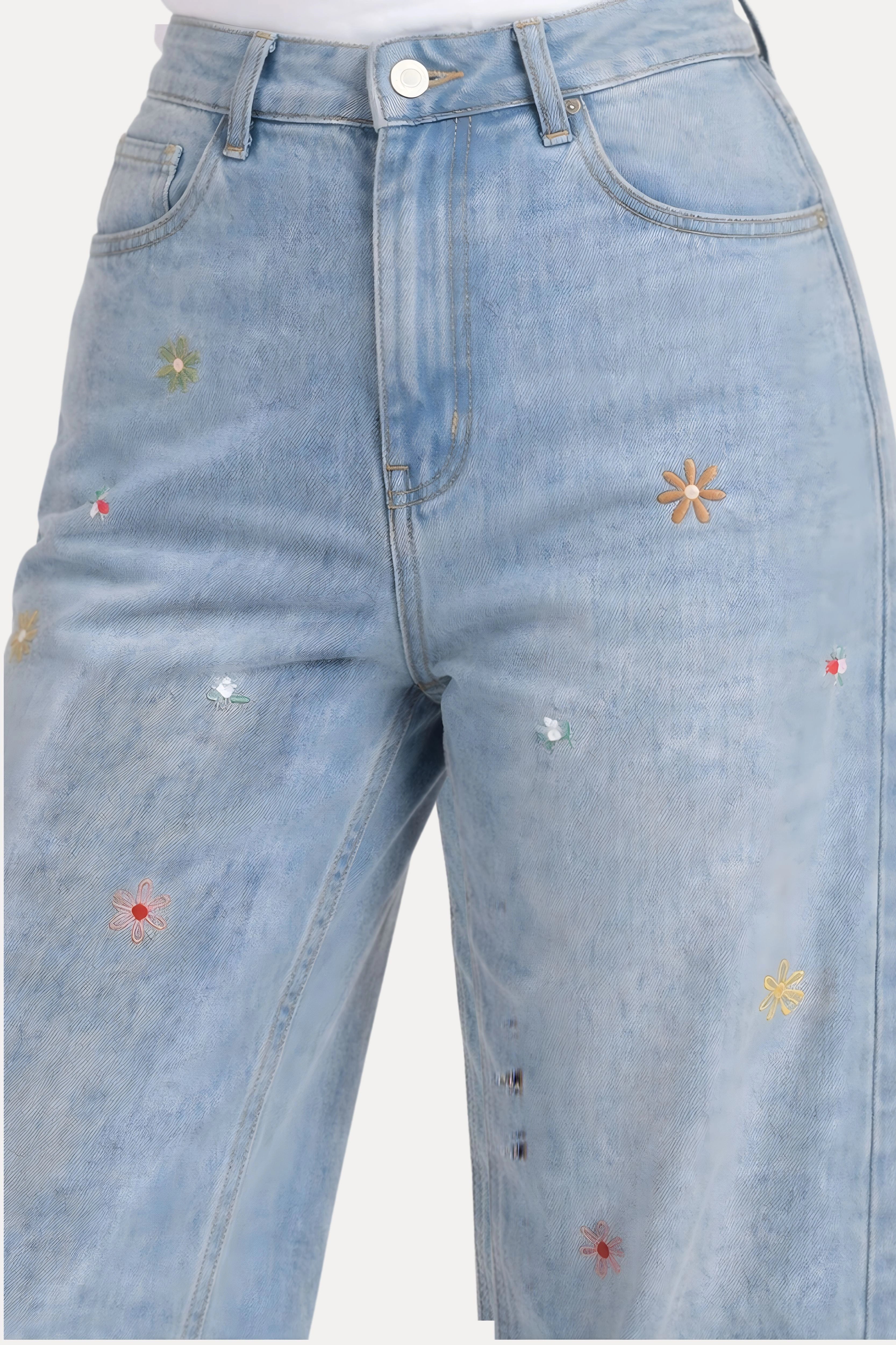 Floral Embroidered Baggy Denim Jeans