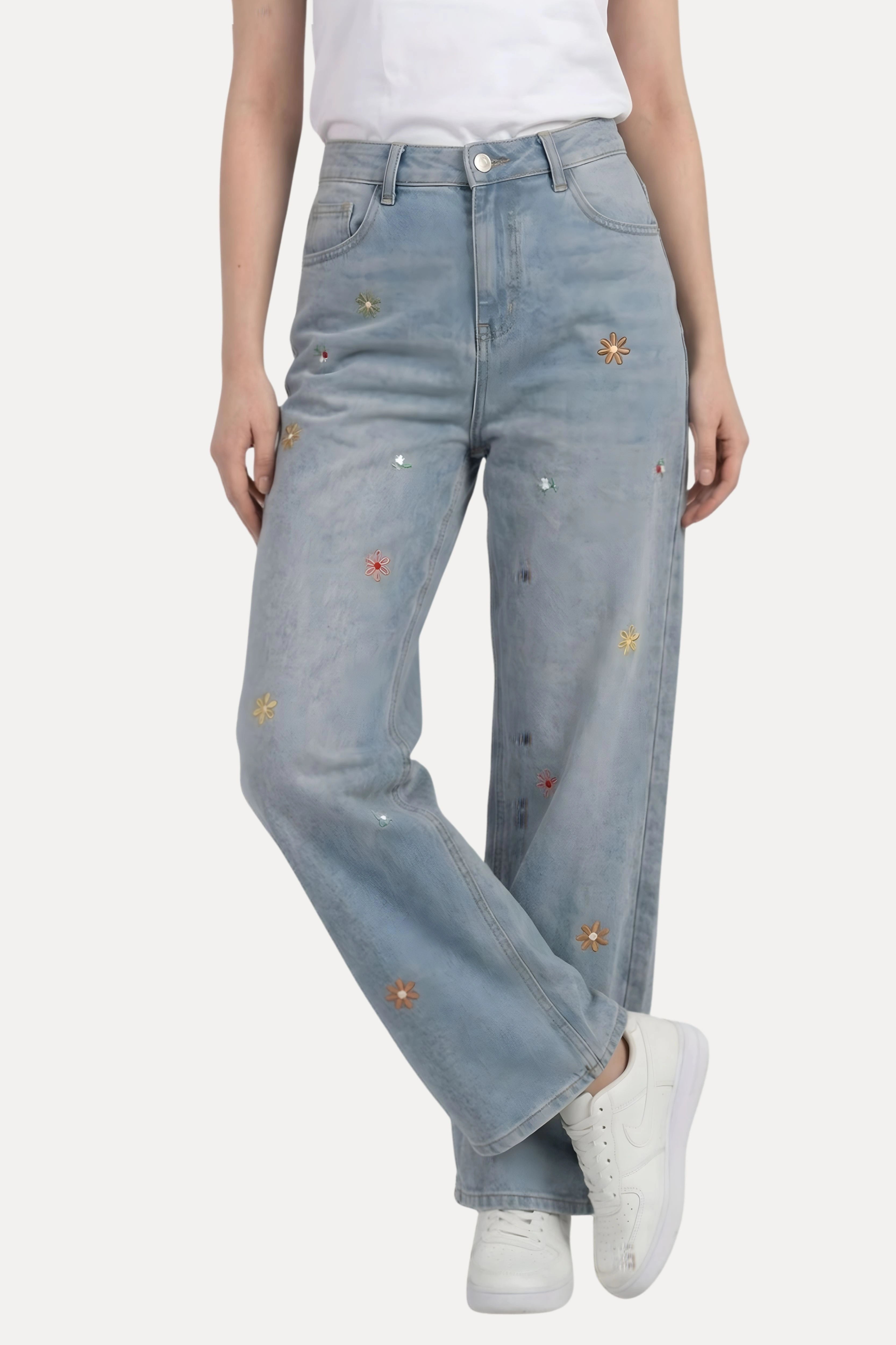 Floral Embroidered Baggy Denim Jeans
