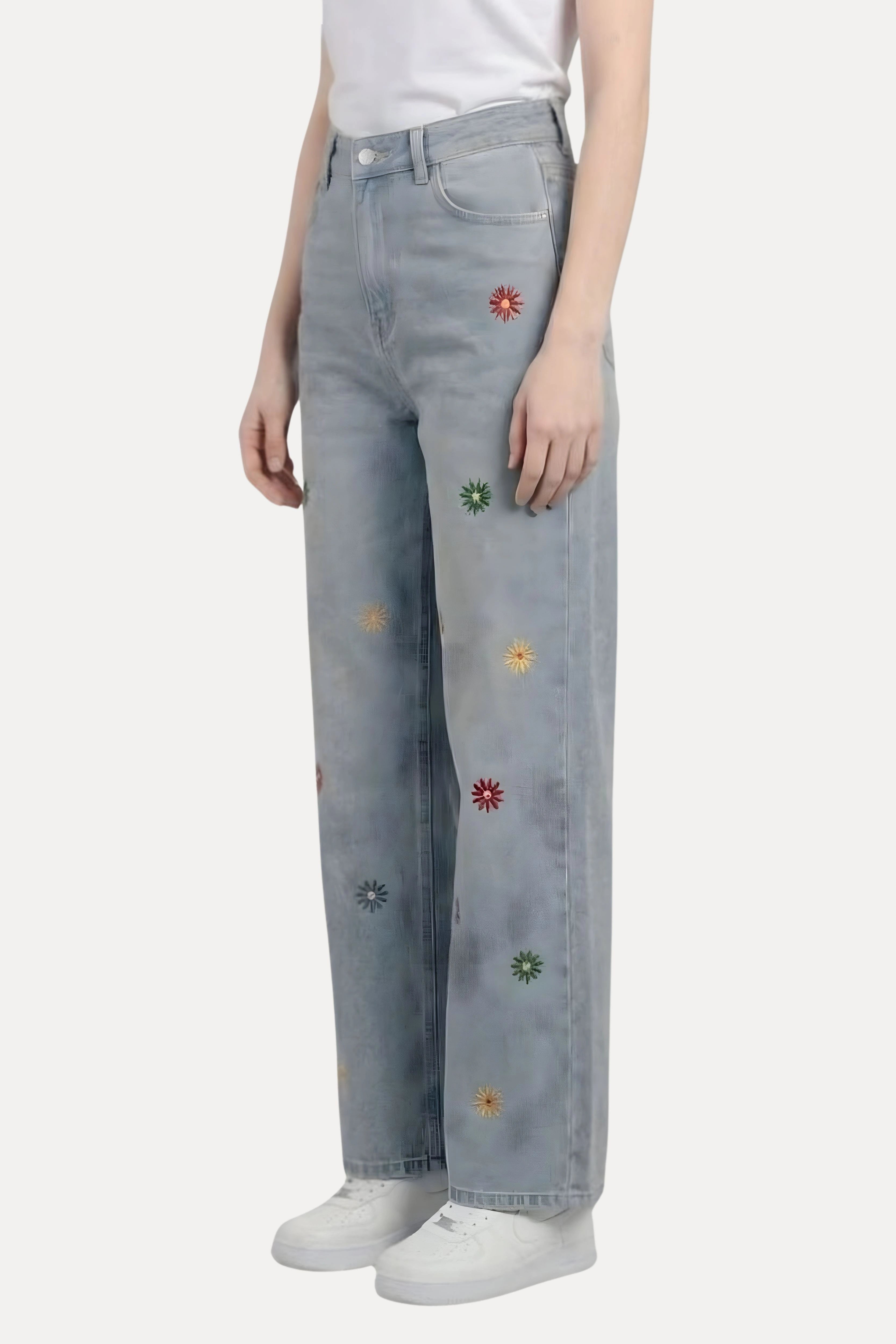 Floral Embroidered Baggy Denim Jeans