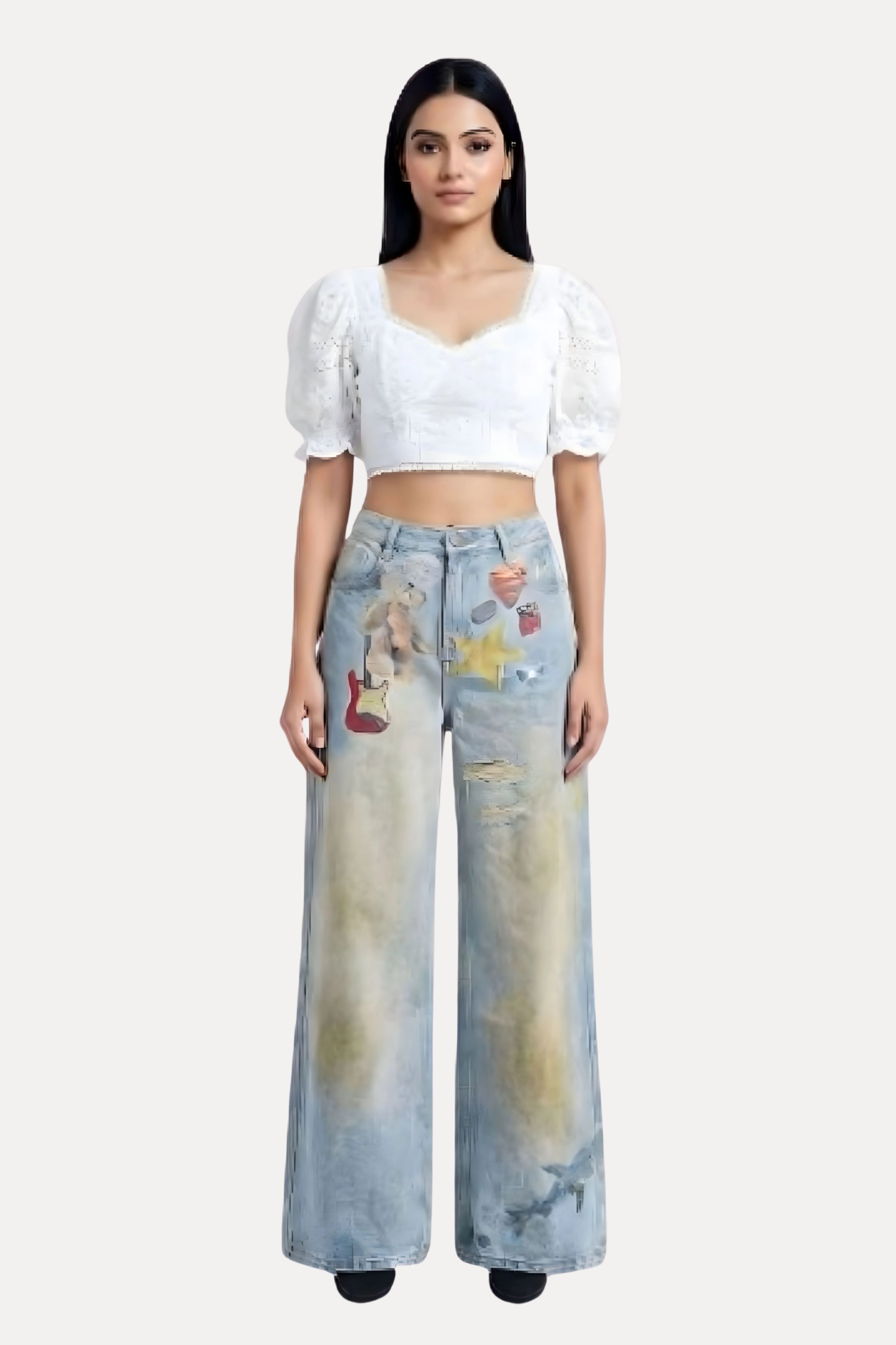 Greenish Blue Printed Denim Baggy Jeans