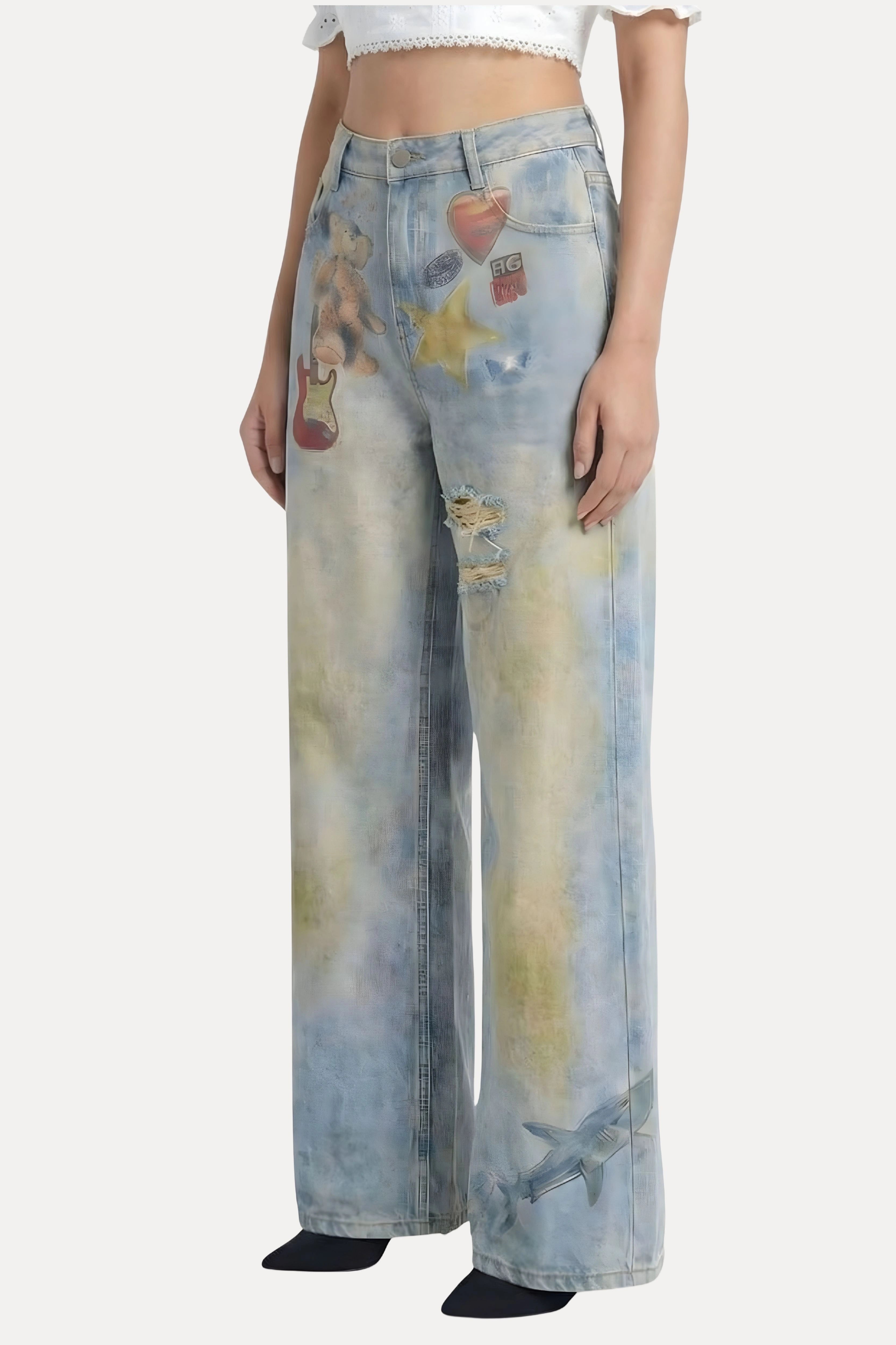 Greenish Blue Printed Denim Baggy Jeans