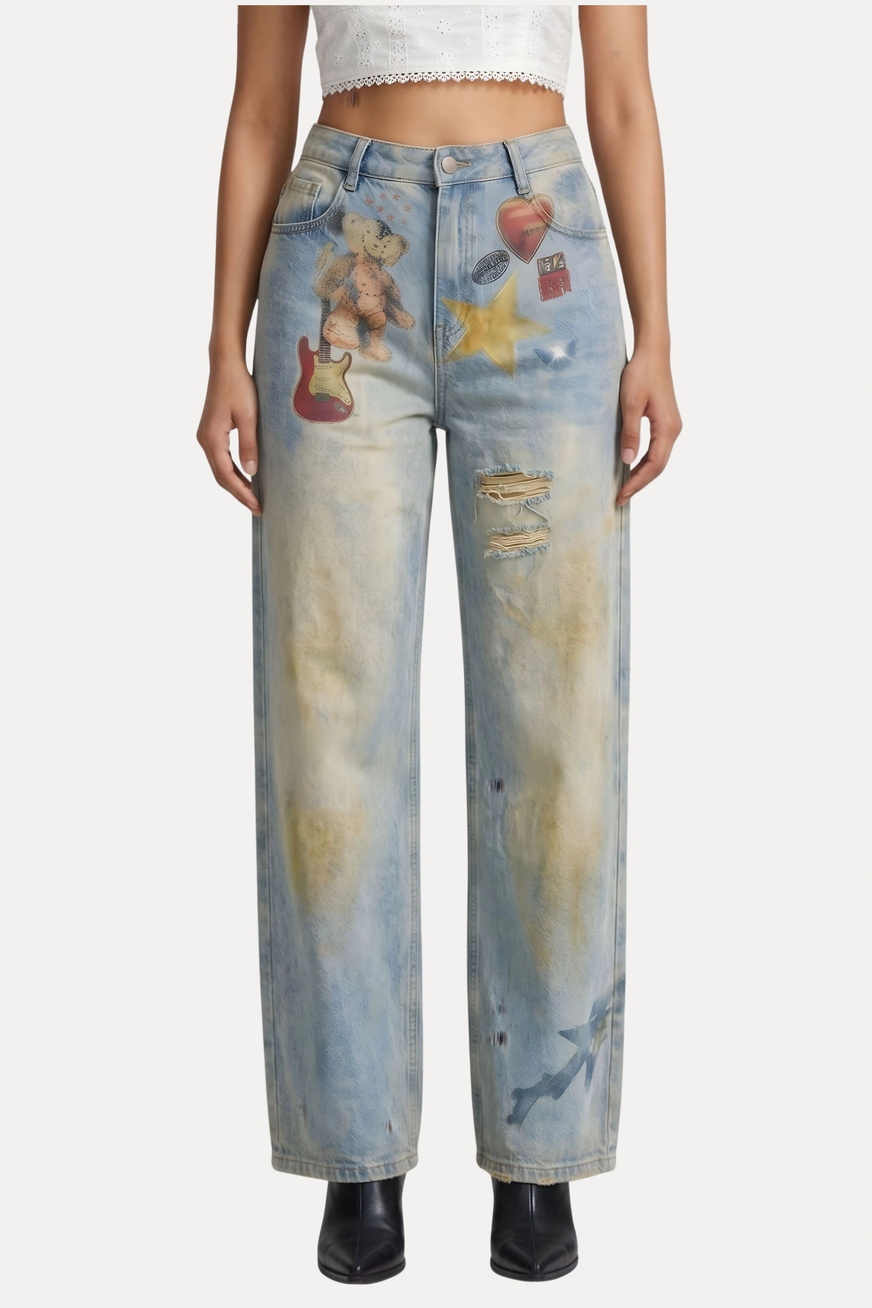 Greenish Blue Printed Denim Baggy Jeans