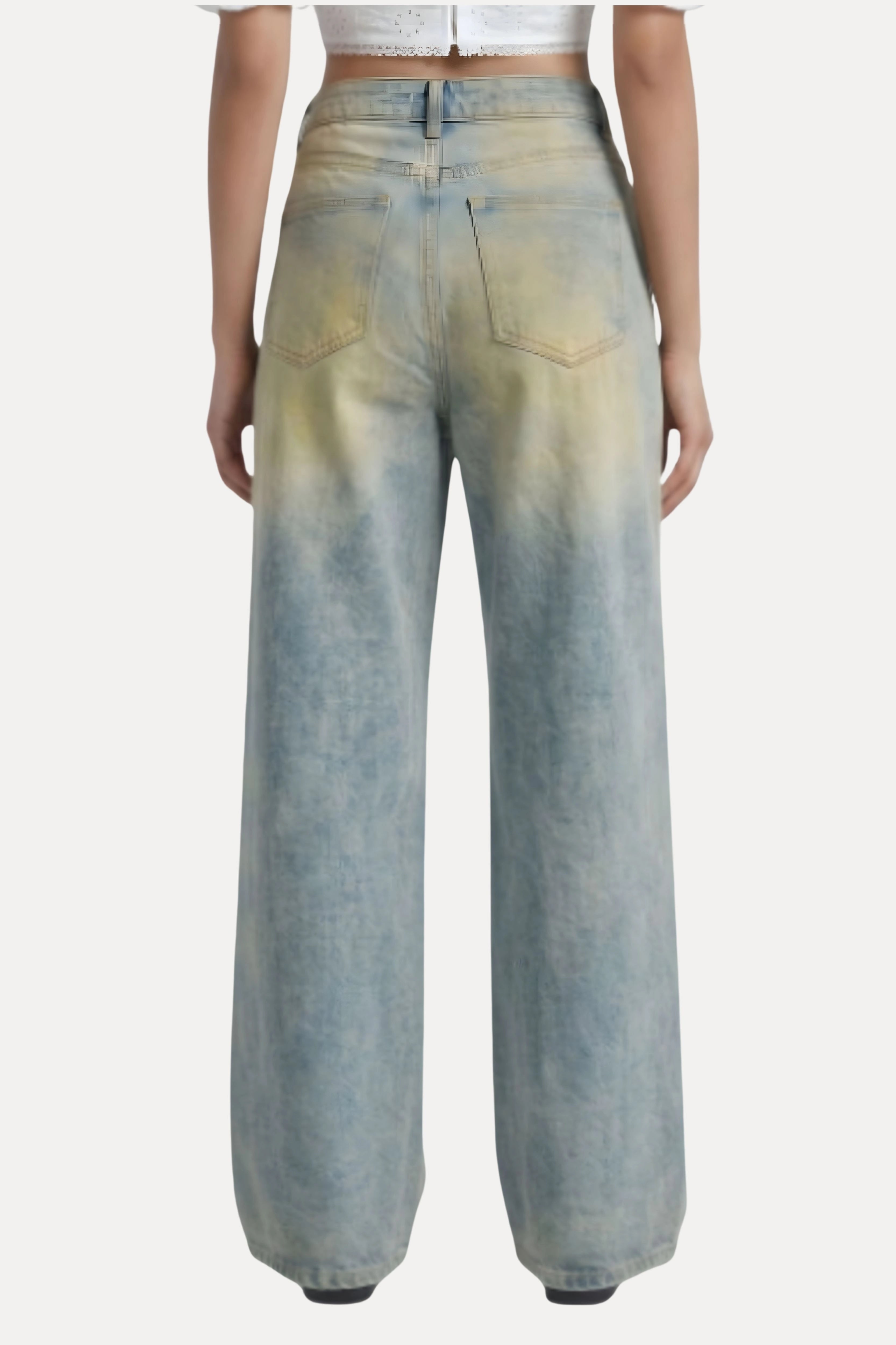 Greenish Blue Printed Denim Baggy Jeans