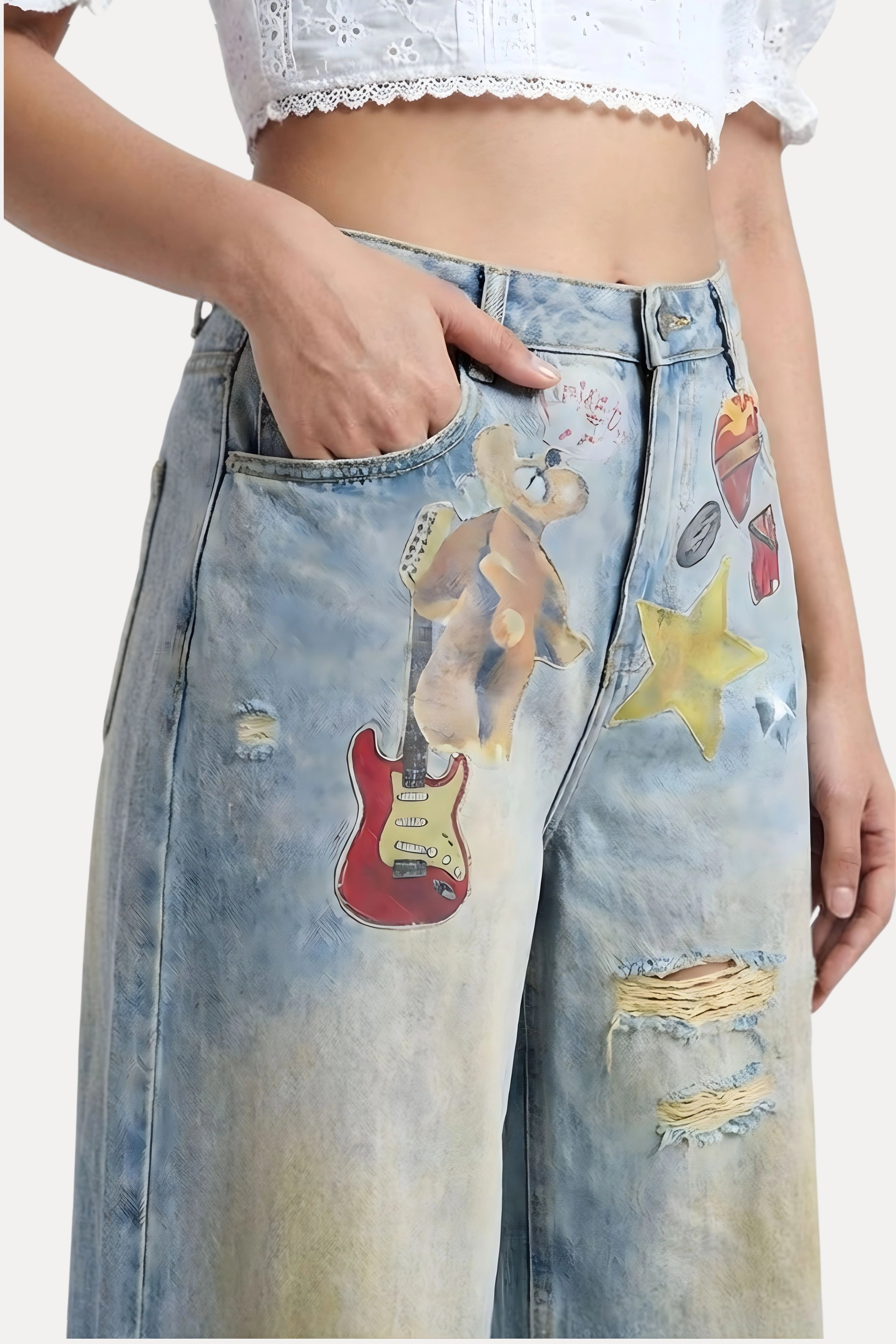 Greenish Blue Printed Denim Baggy Jeans