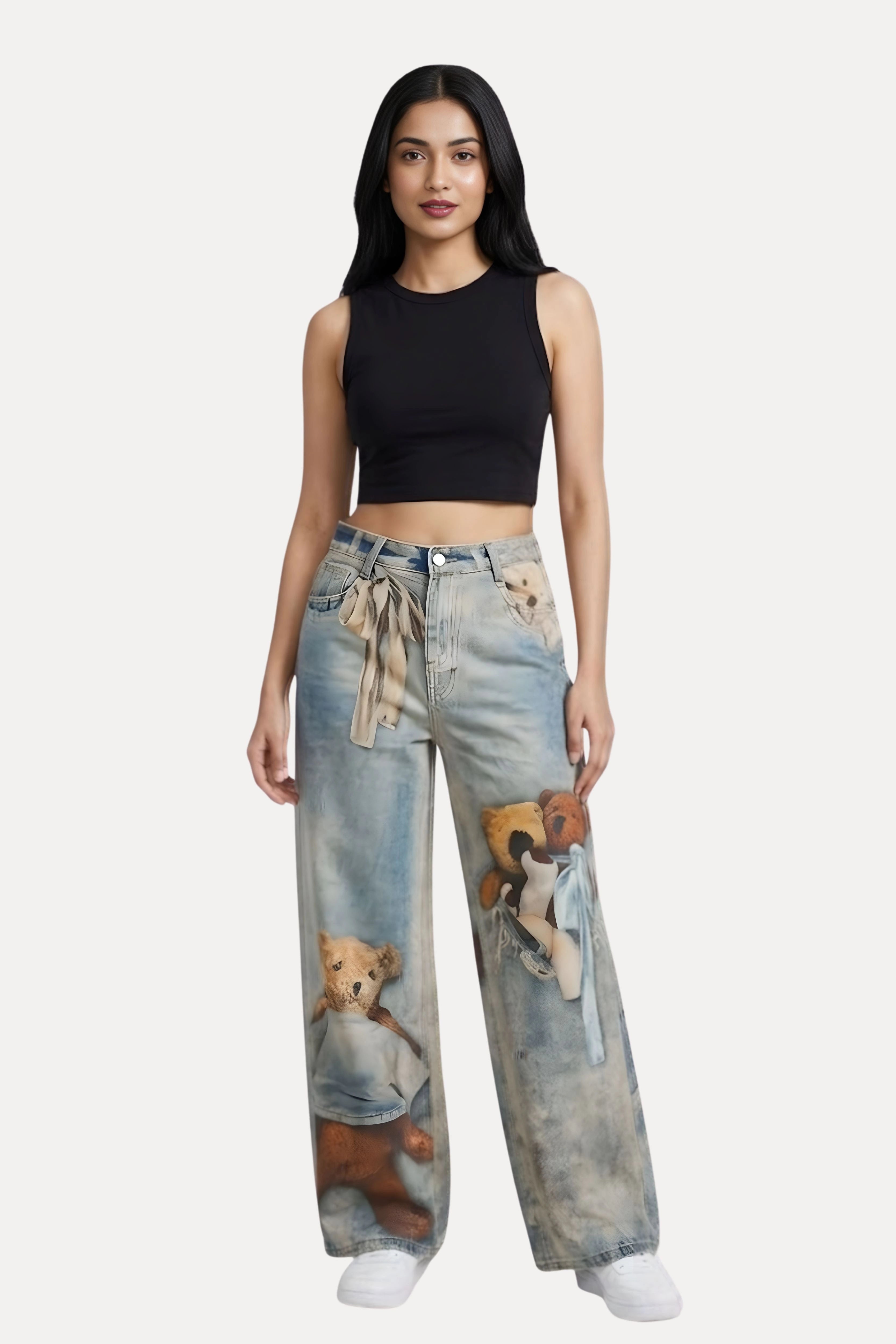 Blue Teddy Placement Print Baggy Jeans