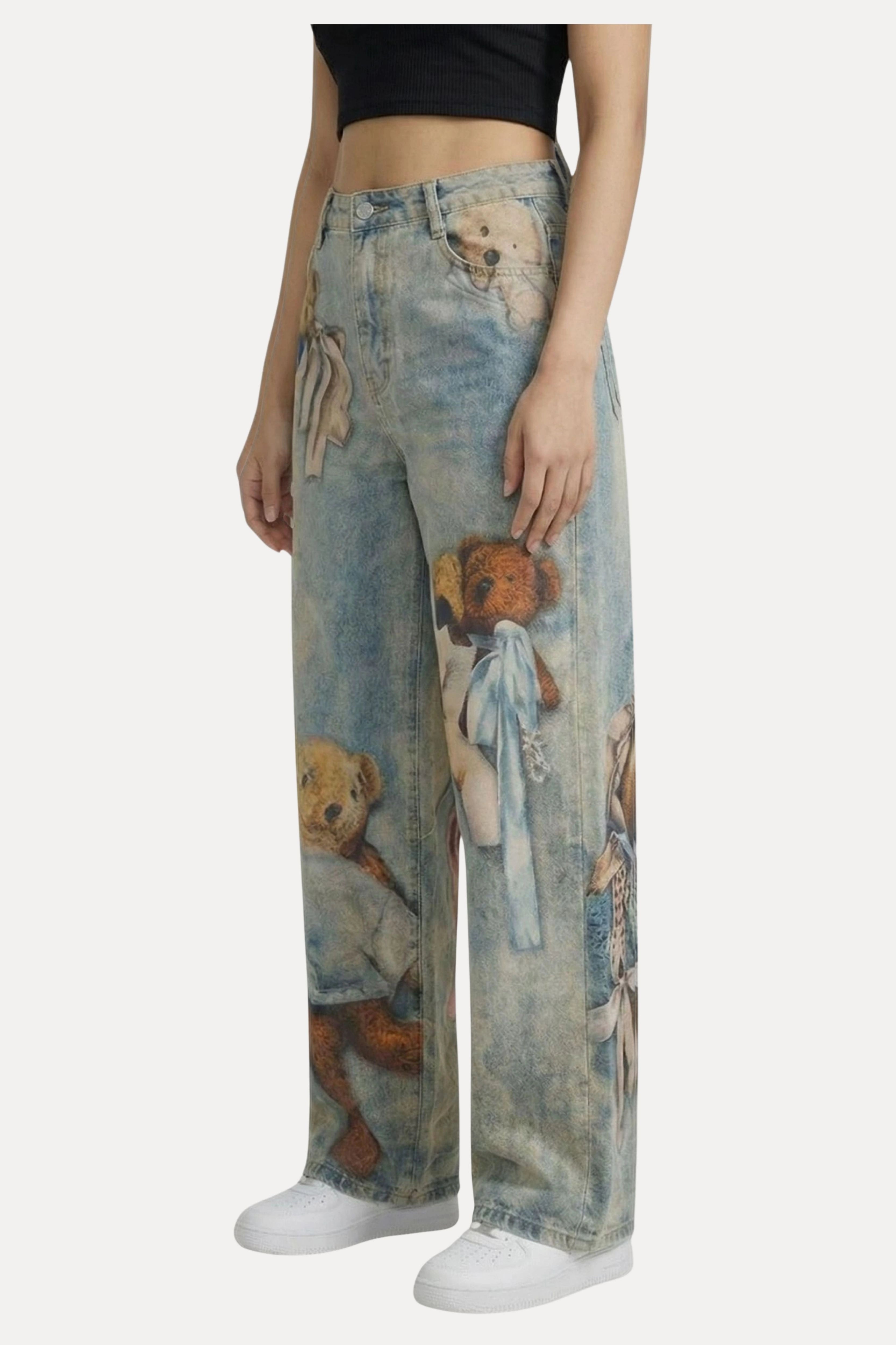 Blue Teddy Placement Print Baggy Jeans