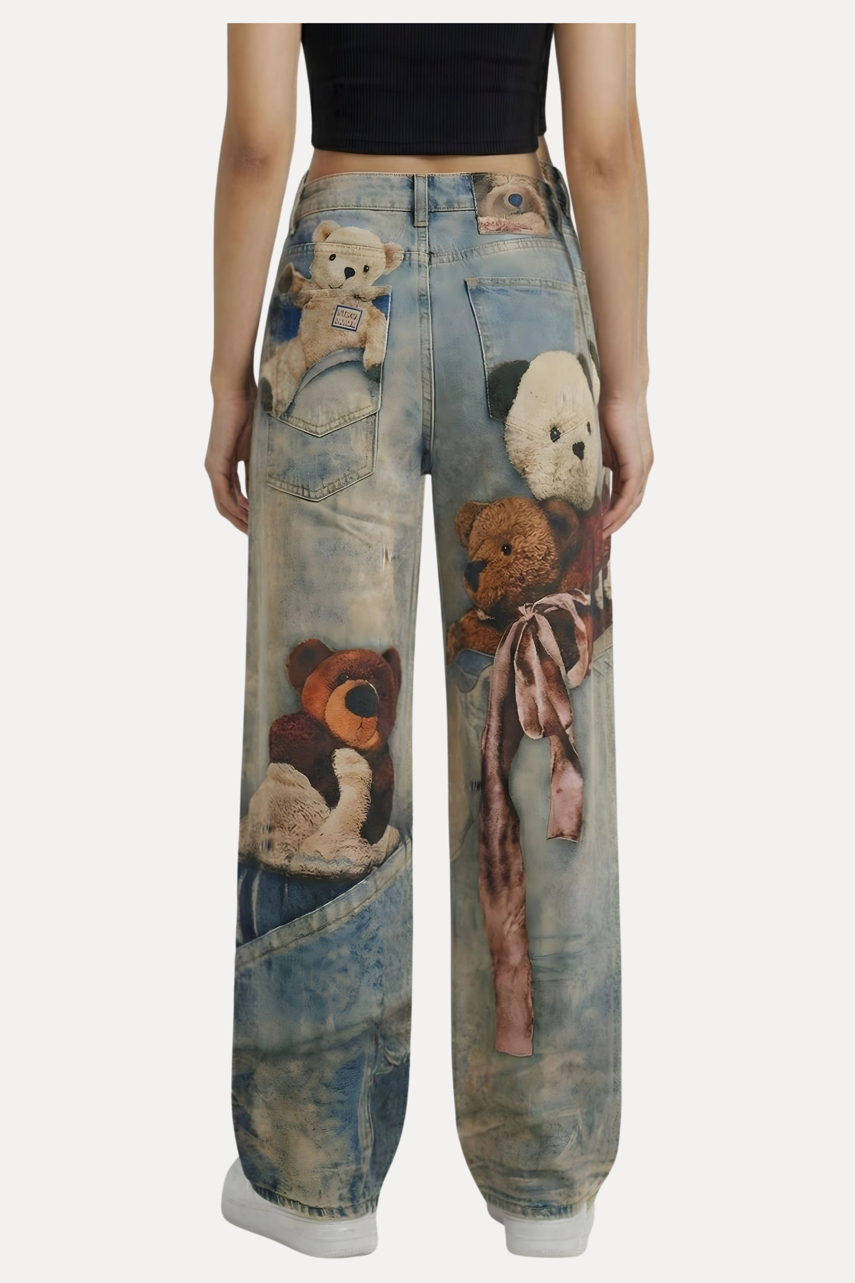 Blue Teddy Placement Print Baggy Jeans