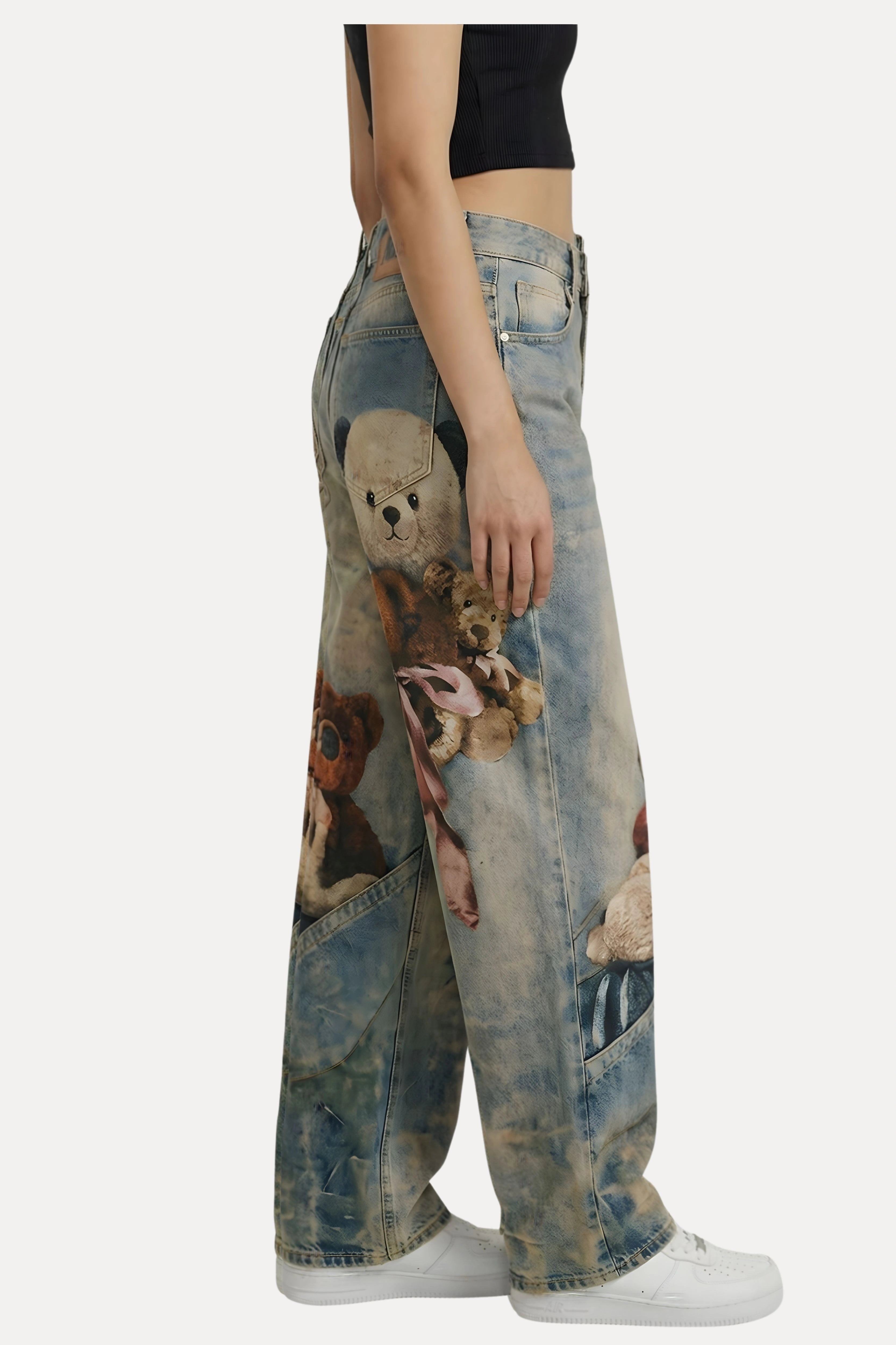 Blue Teddy Placement Print Baggy Jeans