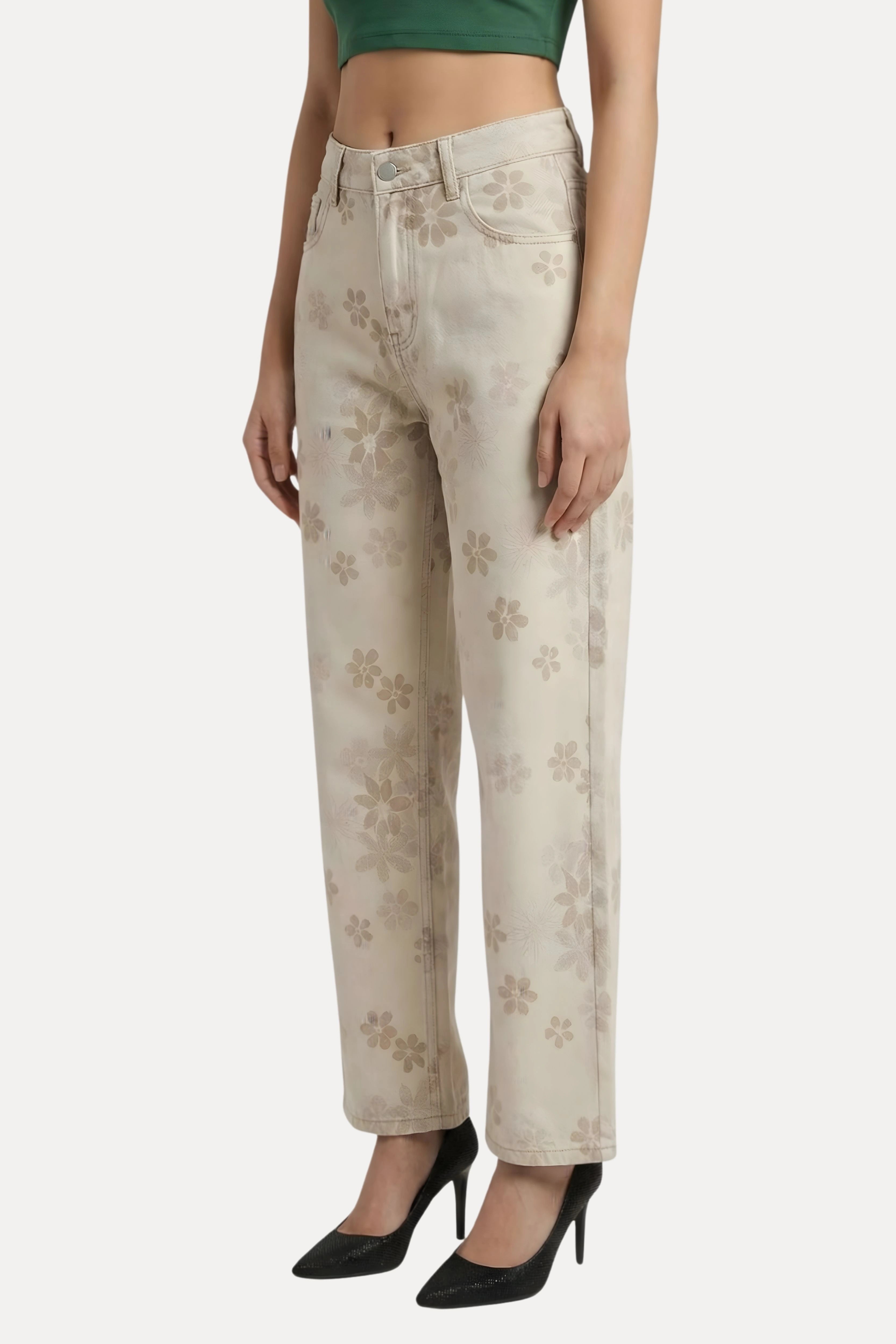 Beige Floral Printed Baggy Denim Jeans