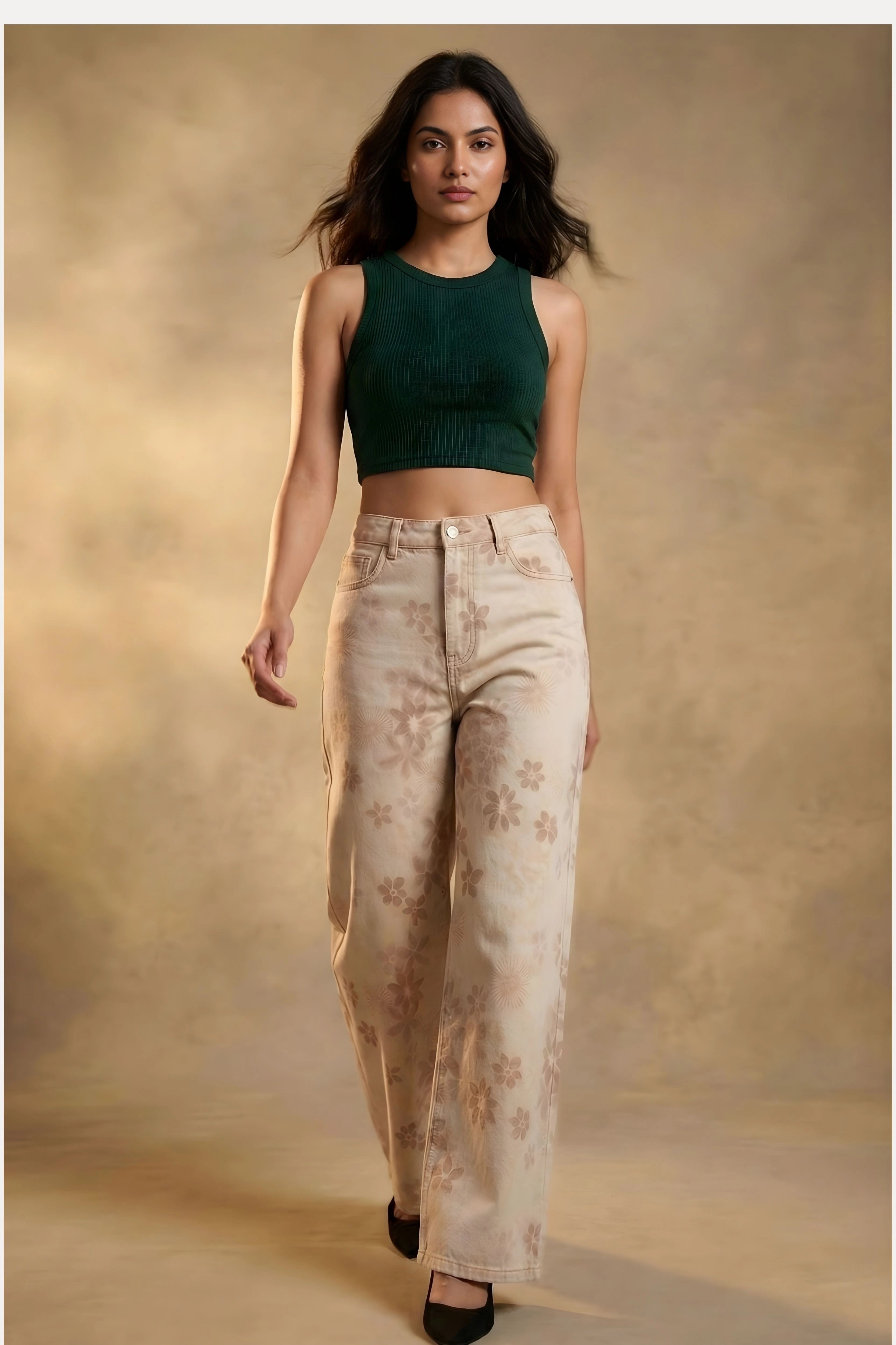 Beige Floral Printed Baggy Denim Jeans