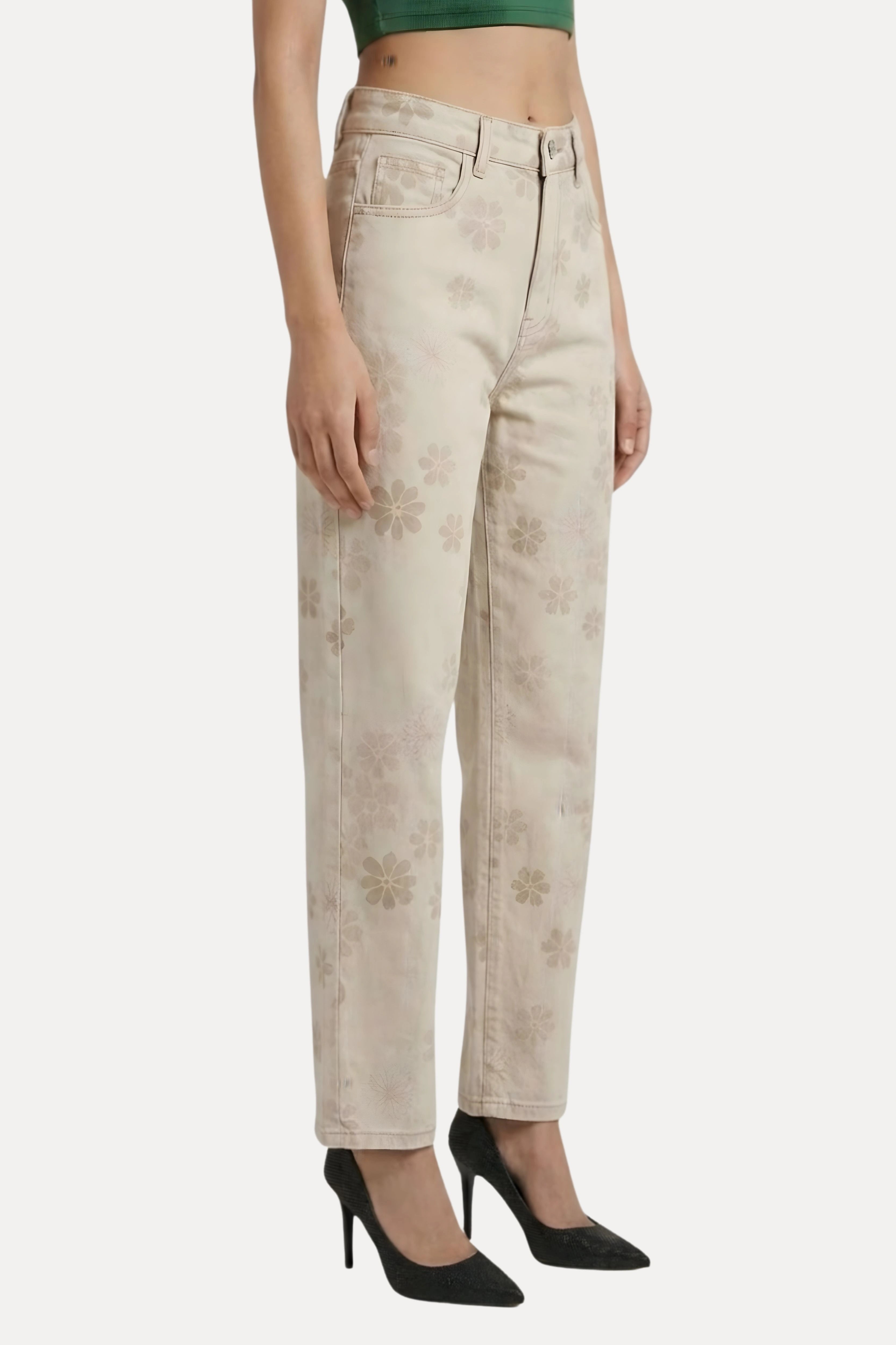 Beige Floral Printed Baggy Denim Jeans
