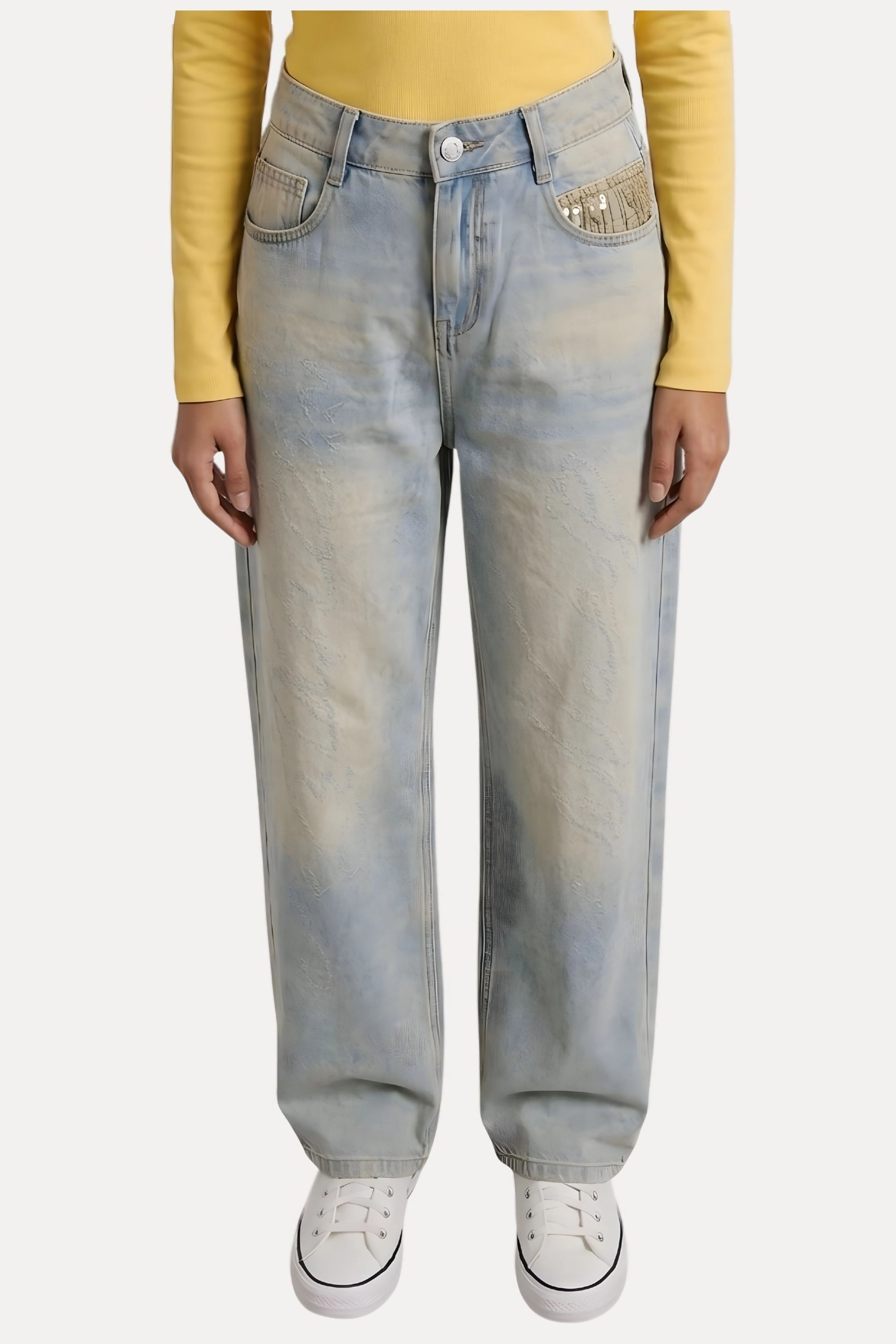 Light Greenish Blue Washed Studded Baggy Jeans