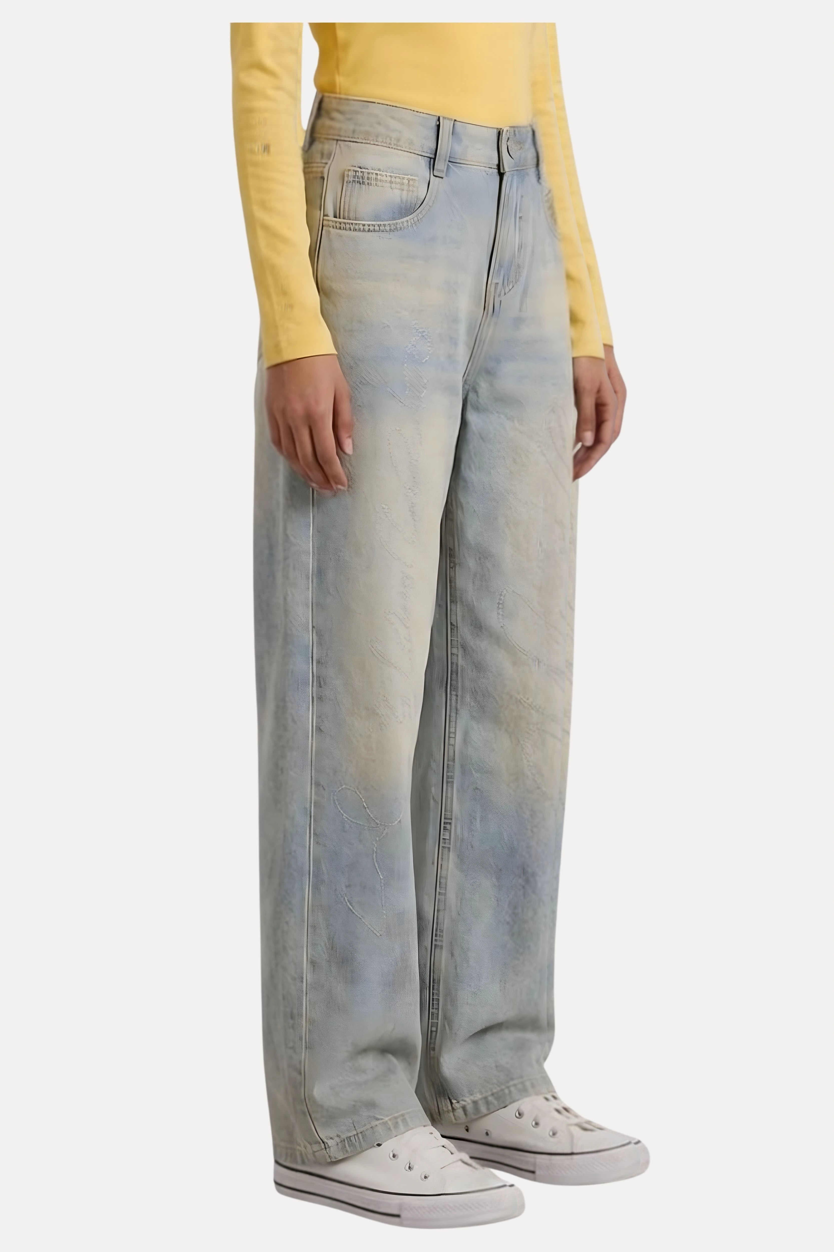 Light Greenish Blue Washed Studded Baggy Jeans