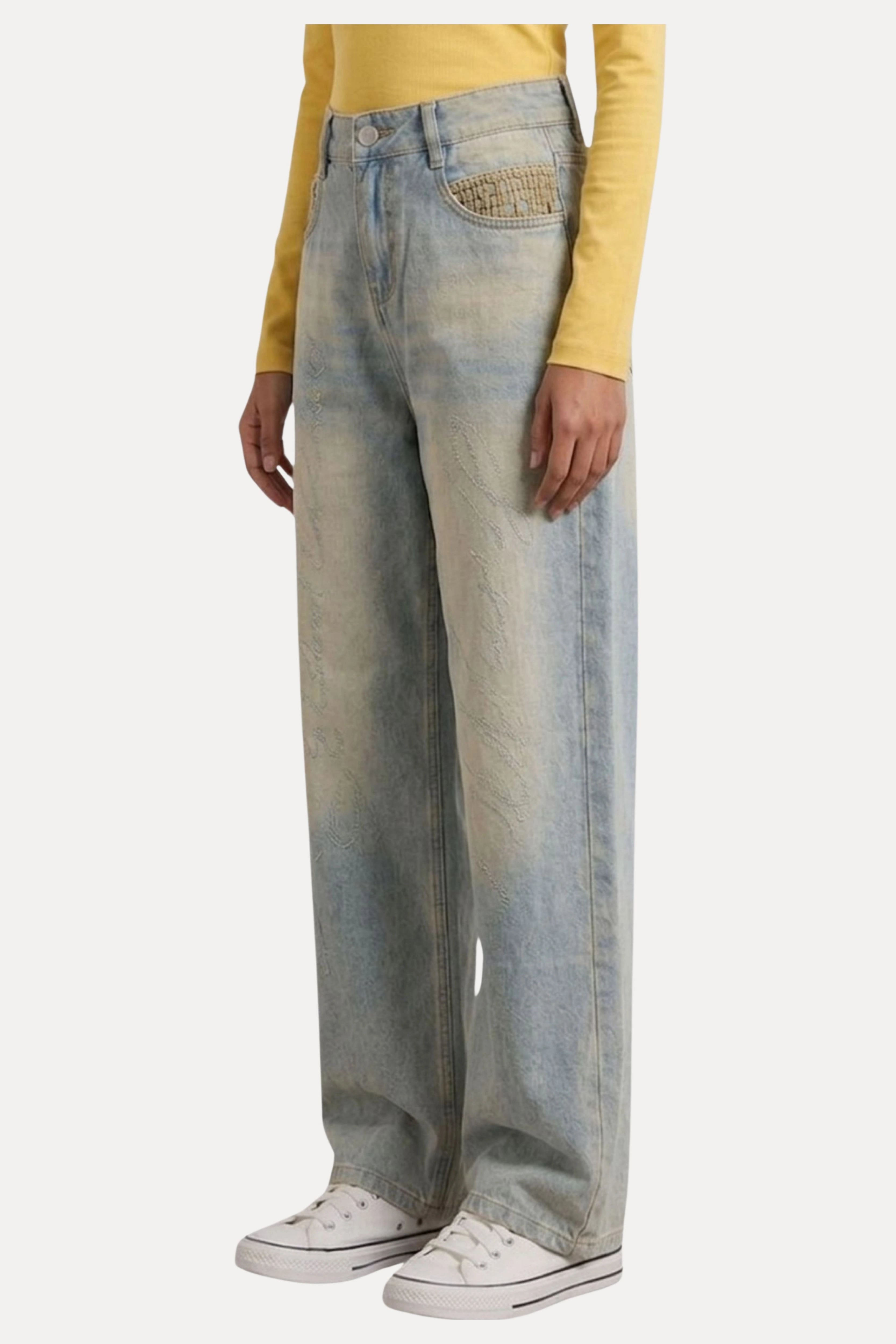 Light Greenish Blue Washed Studded Baggy Jeans