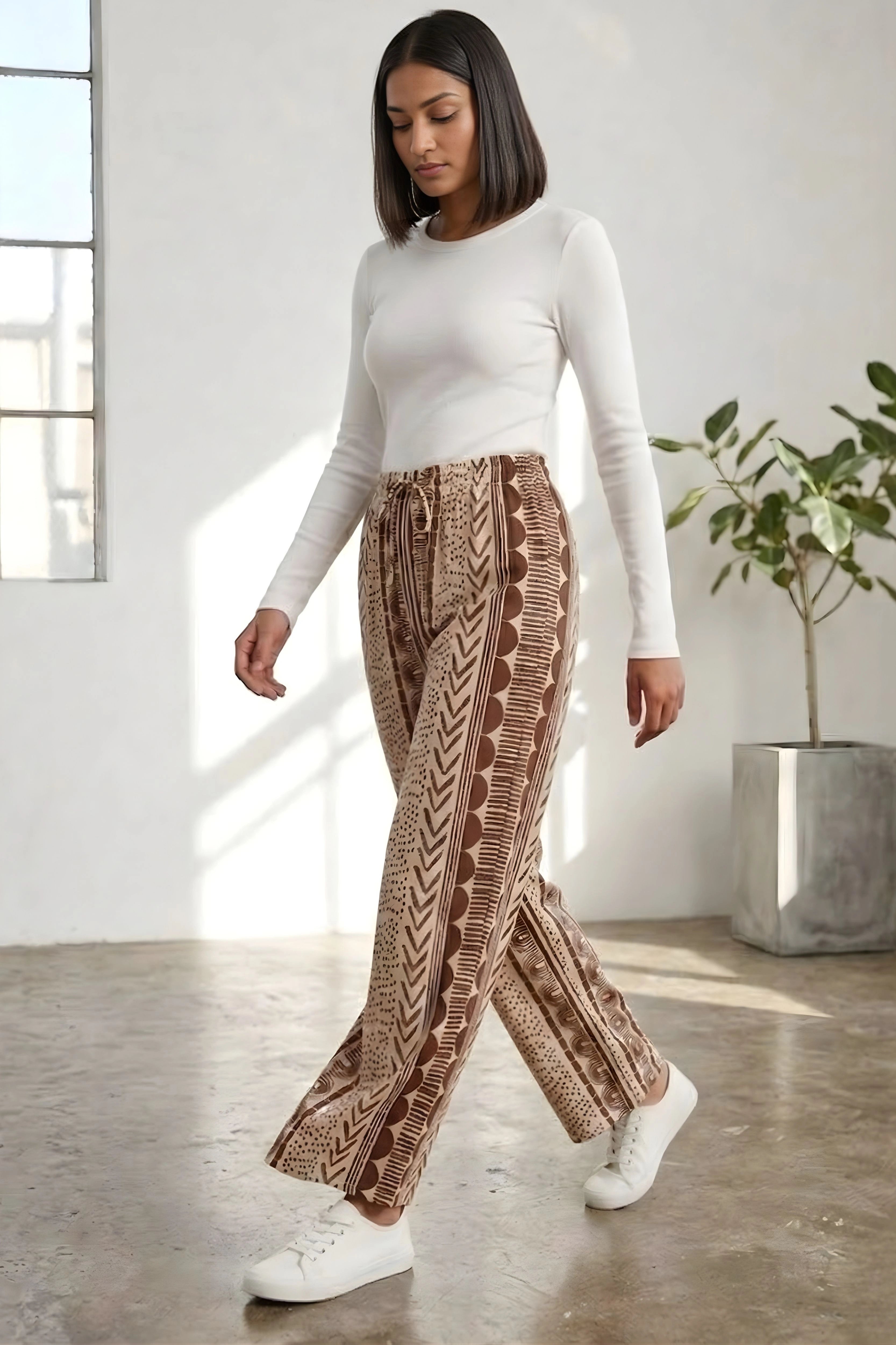 Coffee Brown Abstract Print Viscose Lower