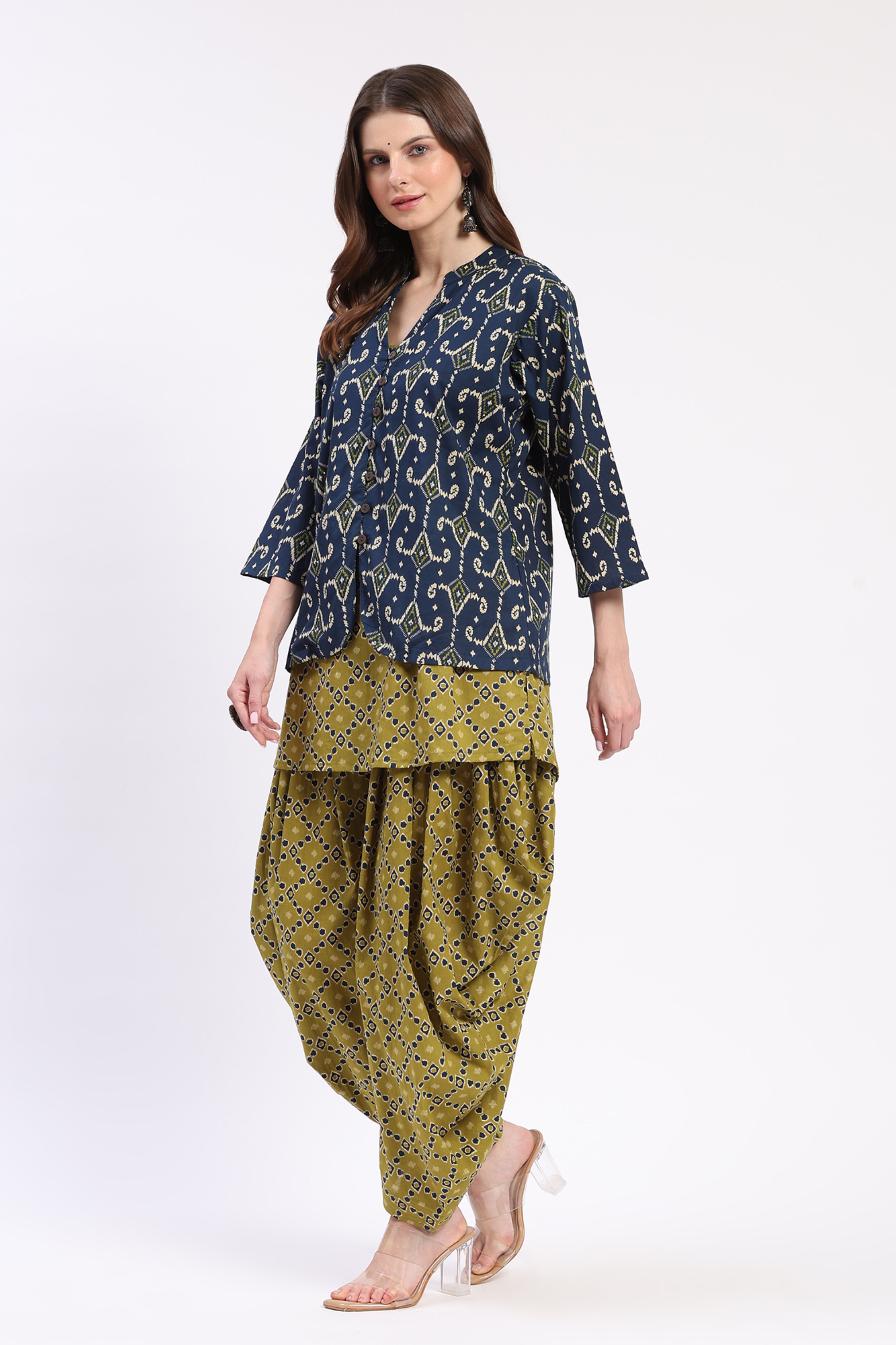 Olive & Blue Layered Tunic Dhoti Co-ord Set