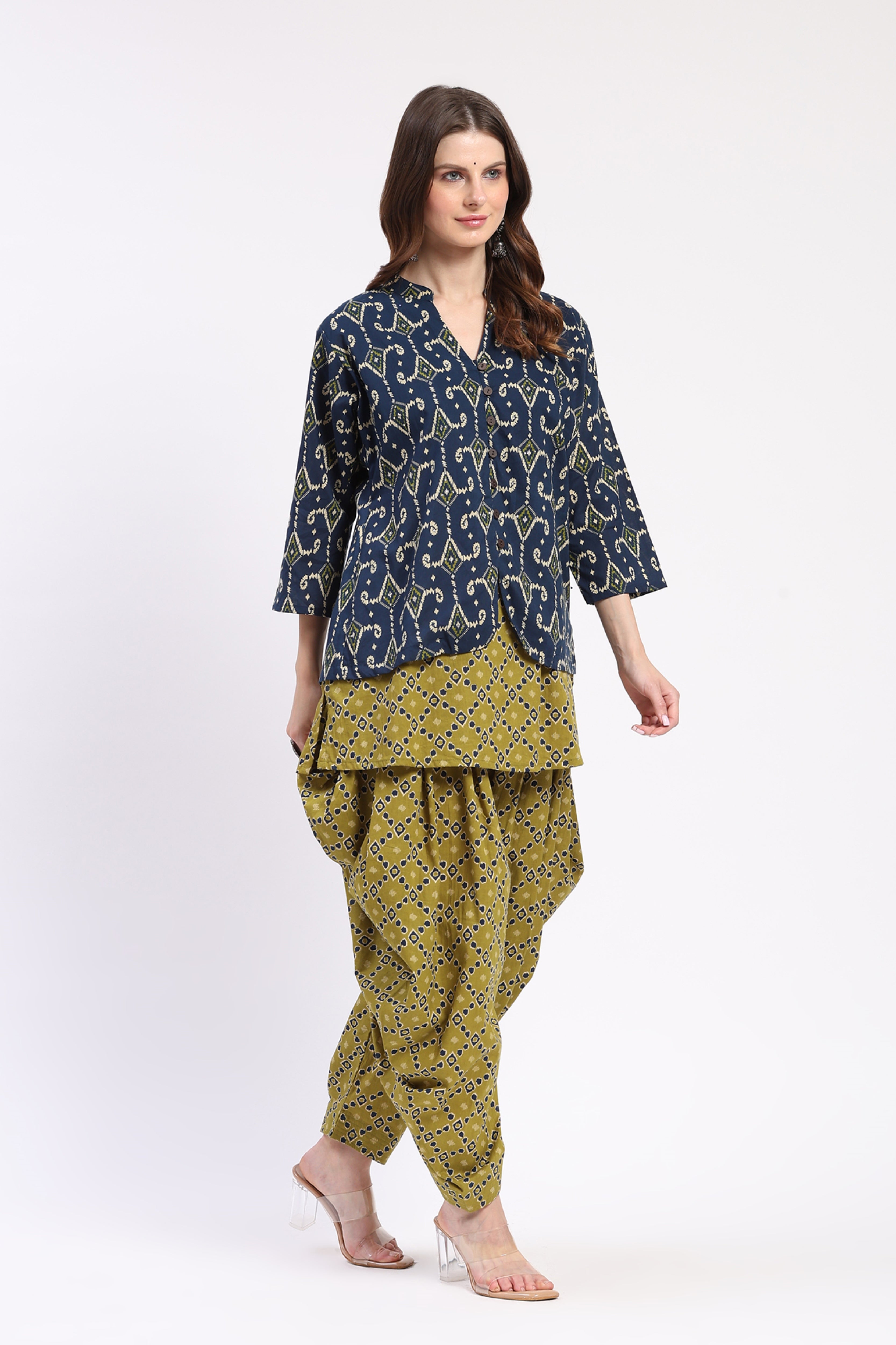 Olive & Blue Layered Tunic Dhoti Co-ord Set