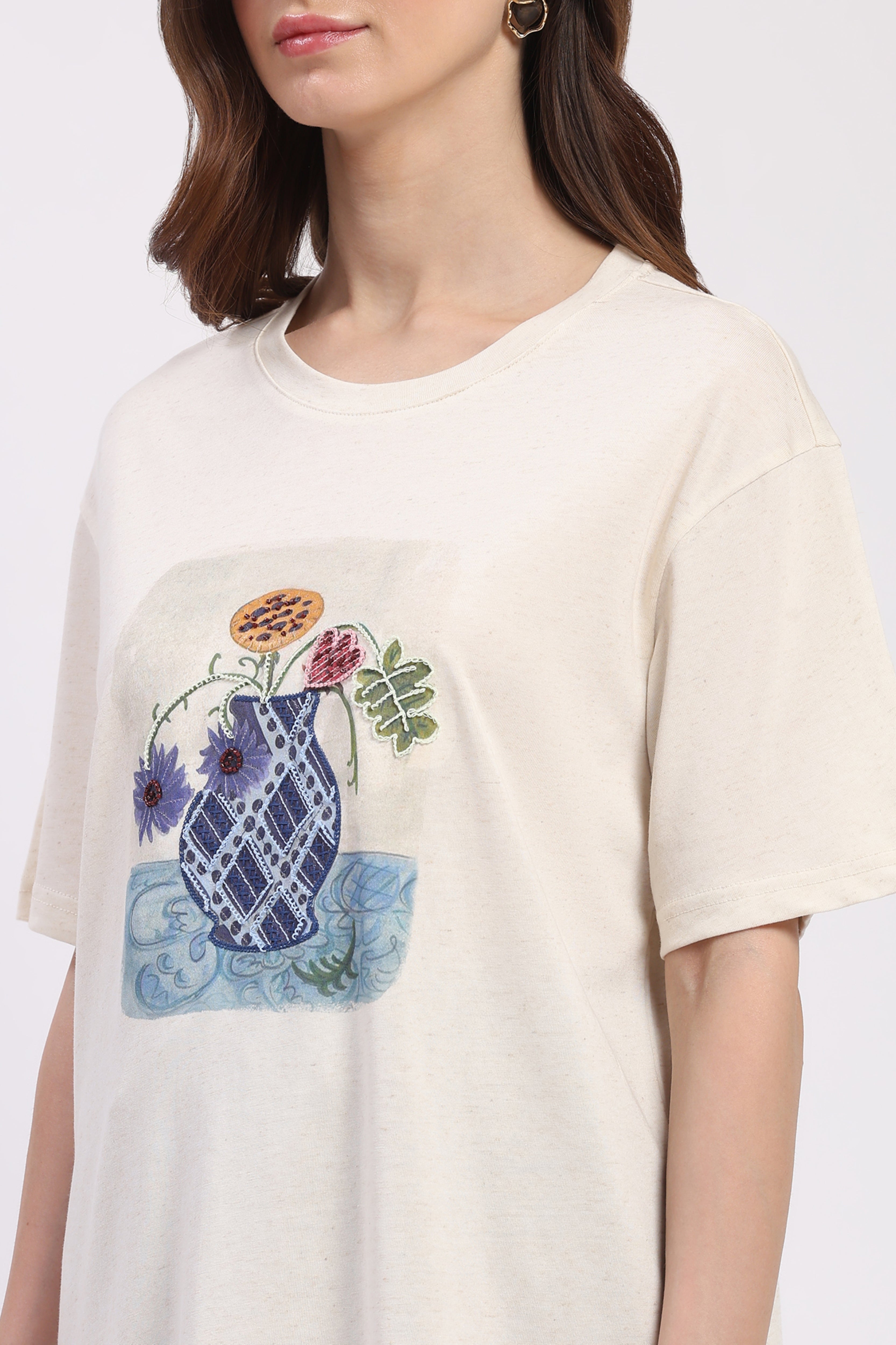 Cream Floral Vase Embroidered Top