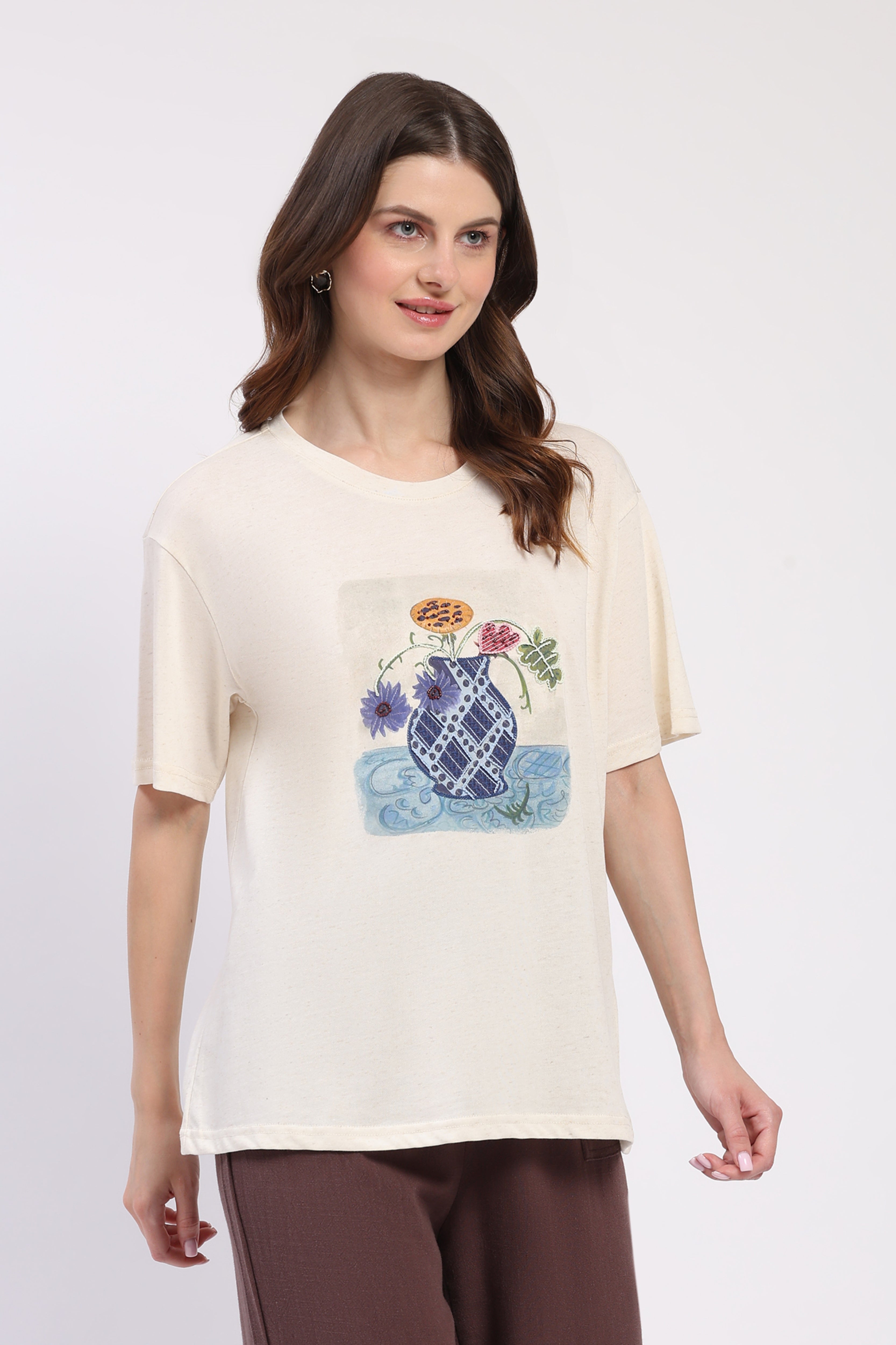Cream Floral Vase Embroidered Top