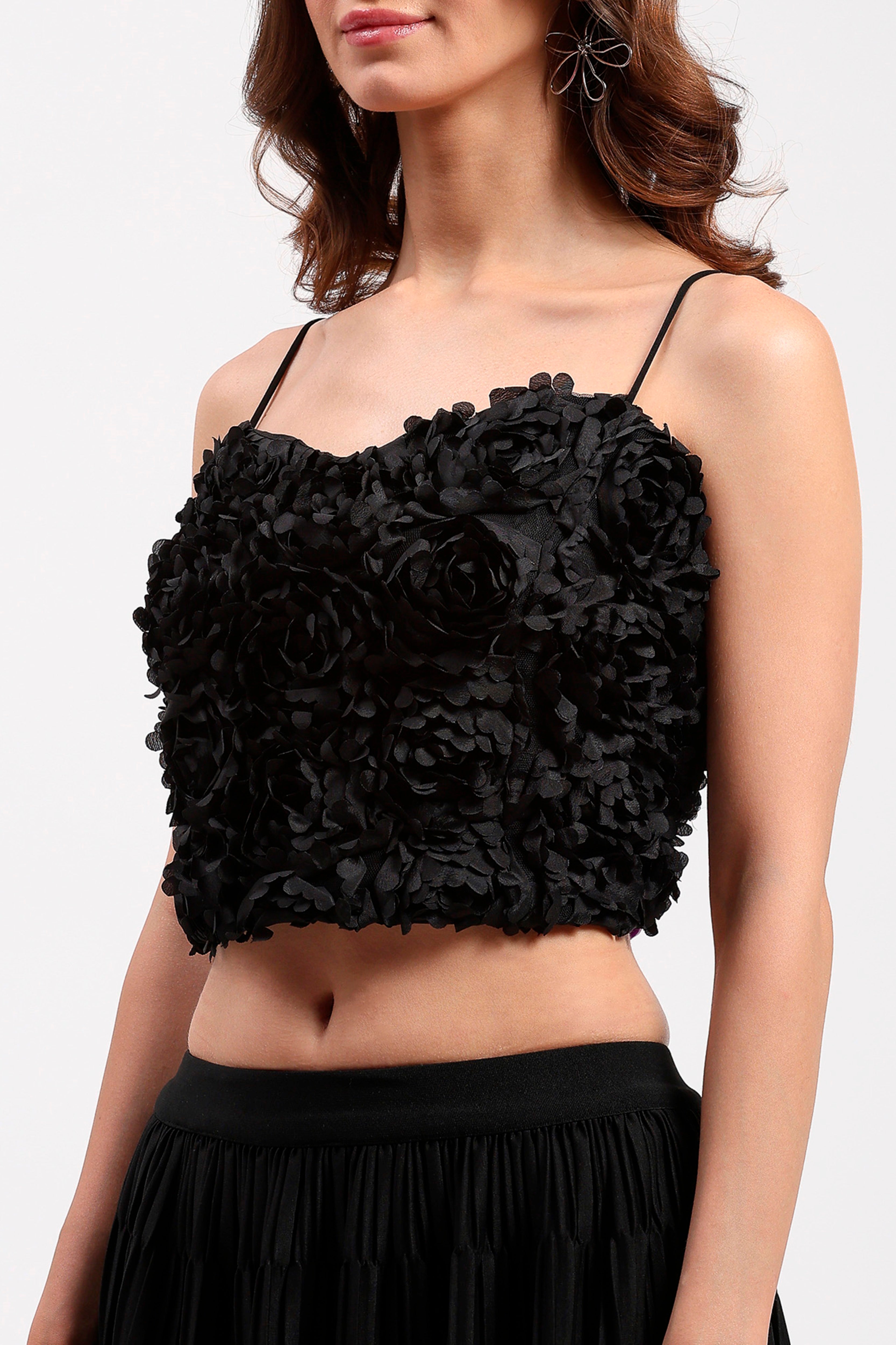 Black 3D Rose Embellished Party Top