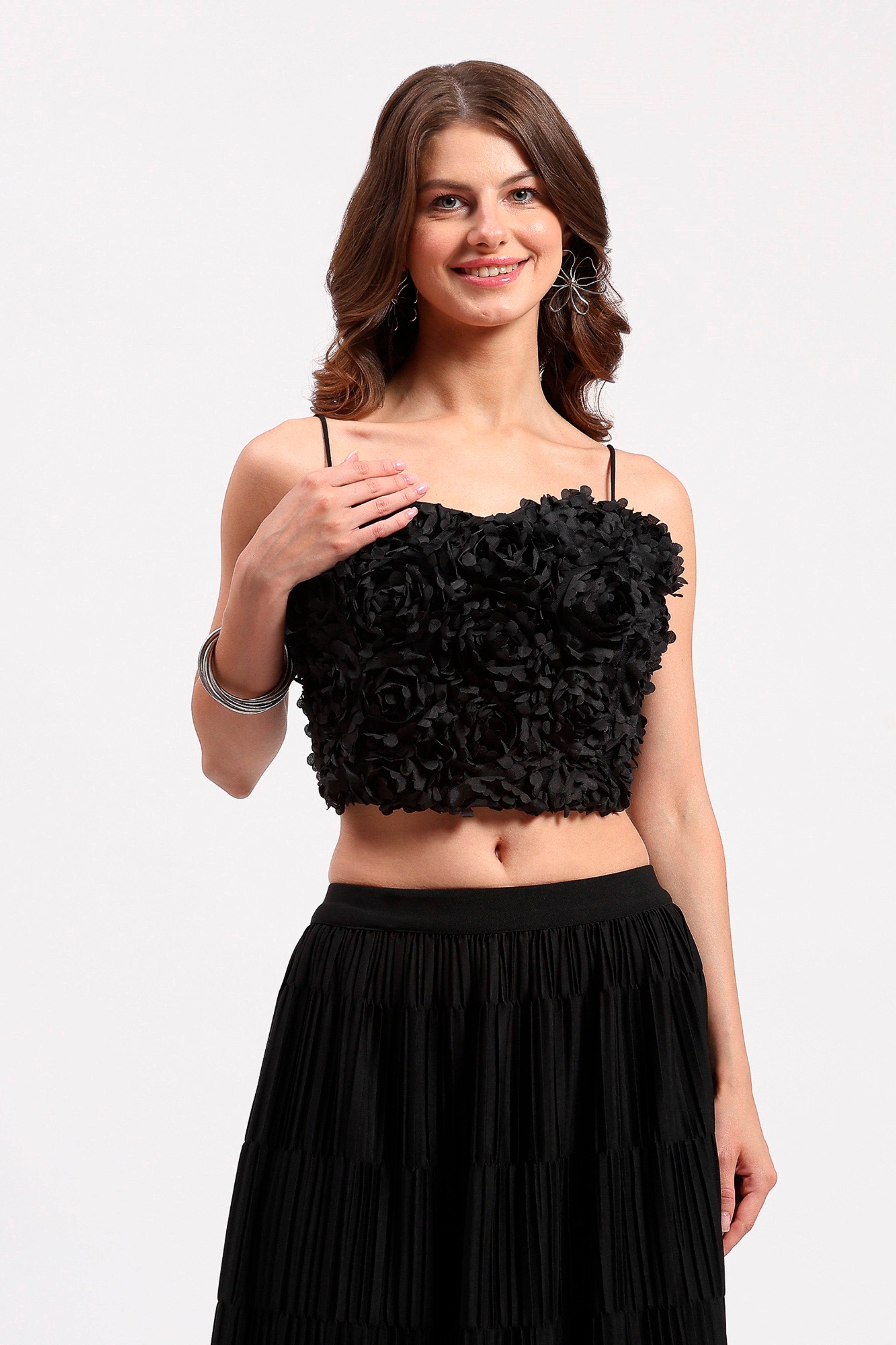 Black 3D Rose Embellished Party Top